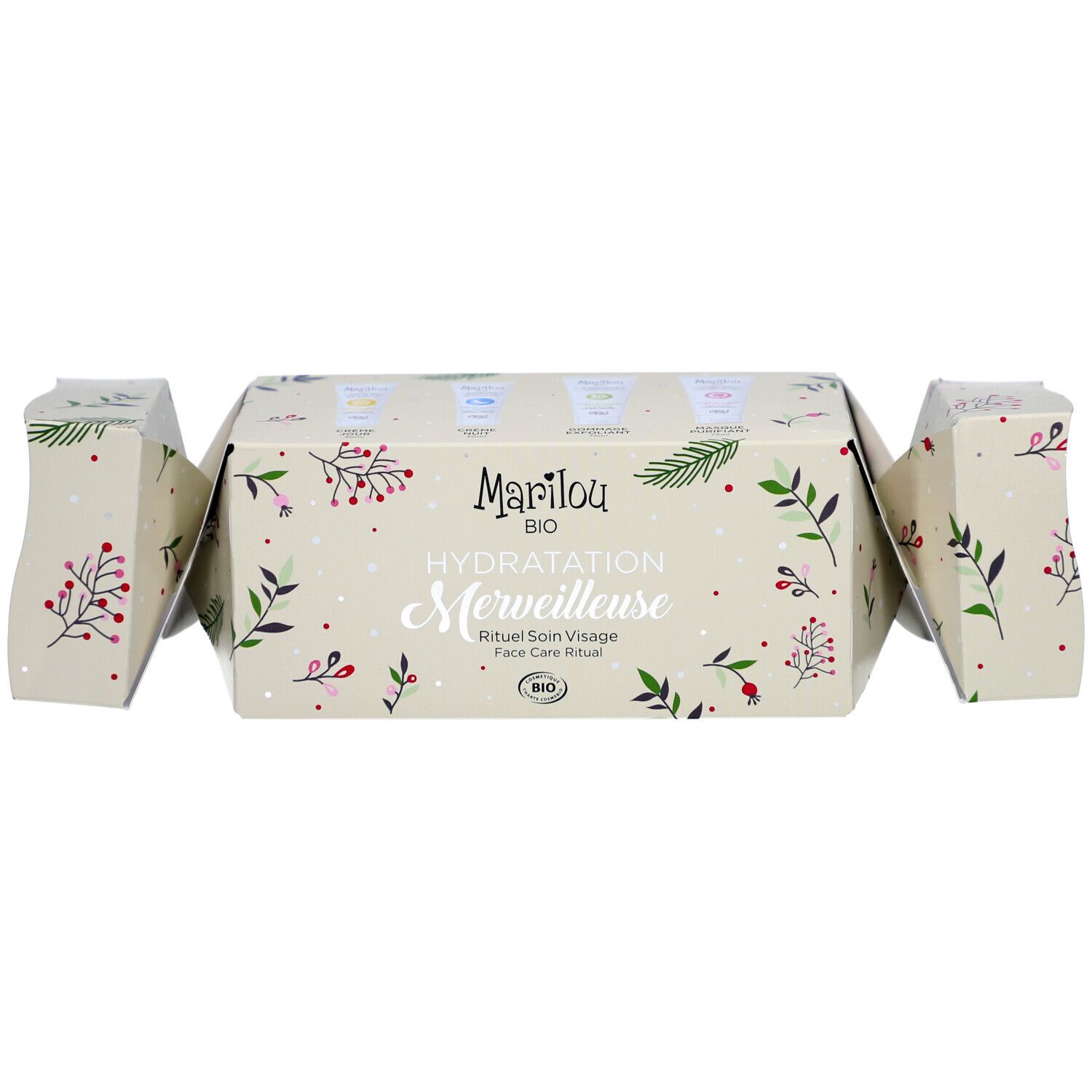 Coffret cadeau fermé 'Hydratation Merveilleuse' avec logo MARILOU BIO et motif floral.