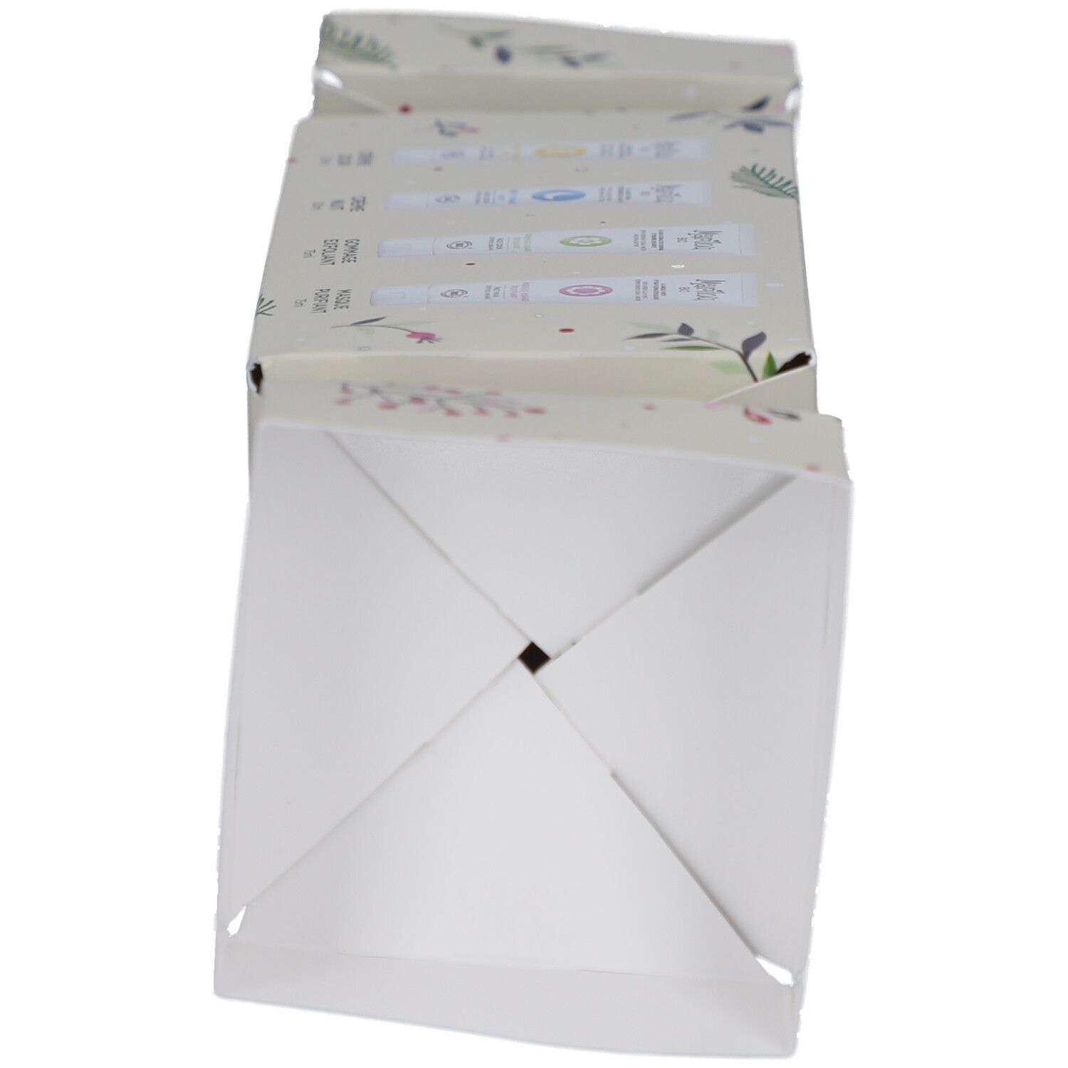 Vue de dessous du coffret cadeau ouvert 'Hydratation Merveilleuse'. Emballage blanc.