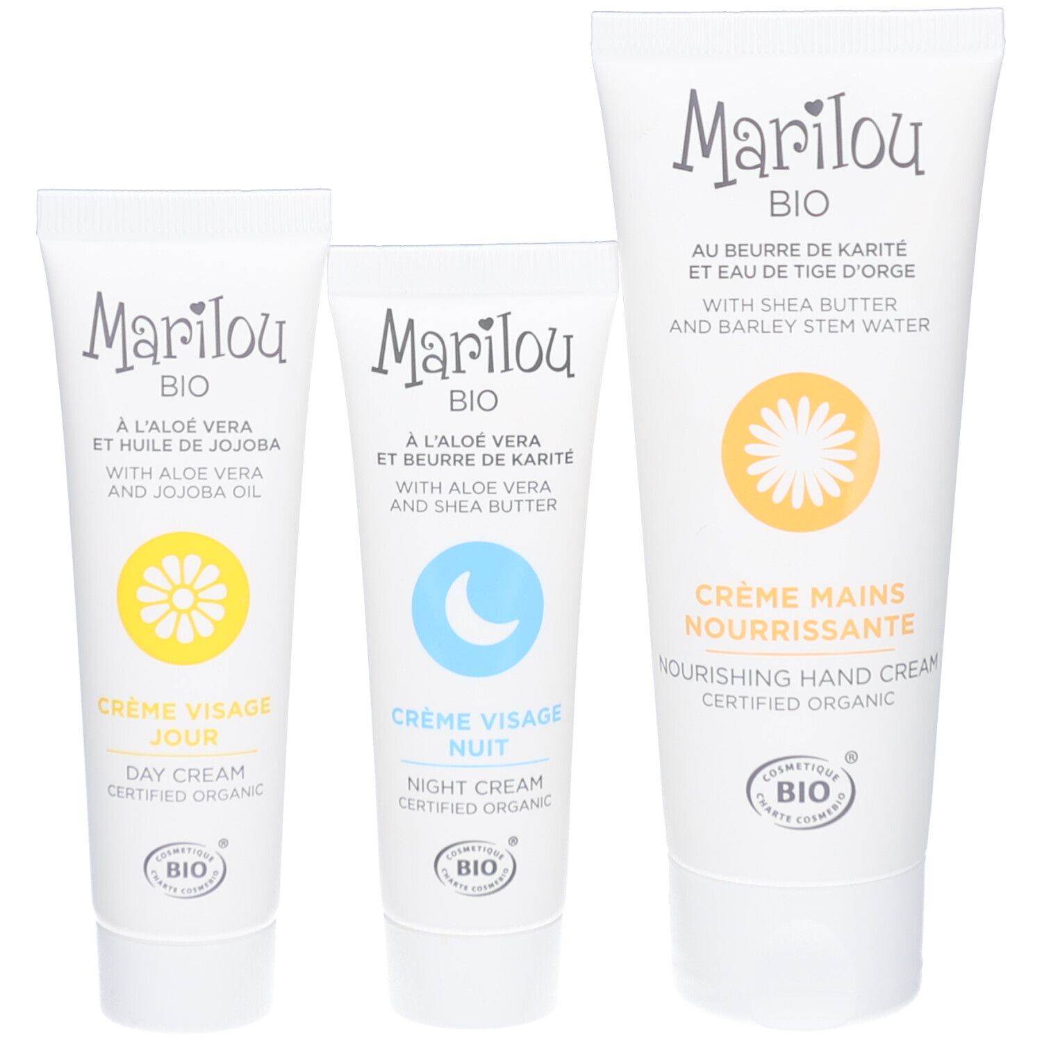 Trois tubes de crème MARILOU BIO. Crème de jour, de nuit et pour les mains. Cosmétique bio certifiée. Tubes blancs avec illustrations florales.