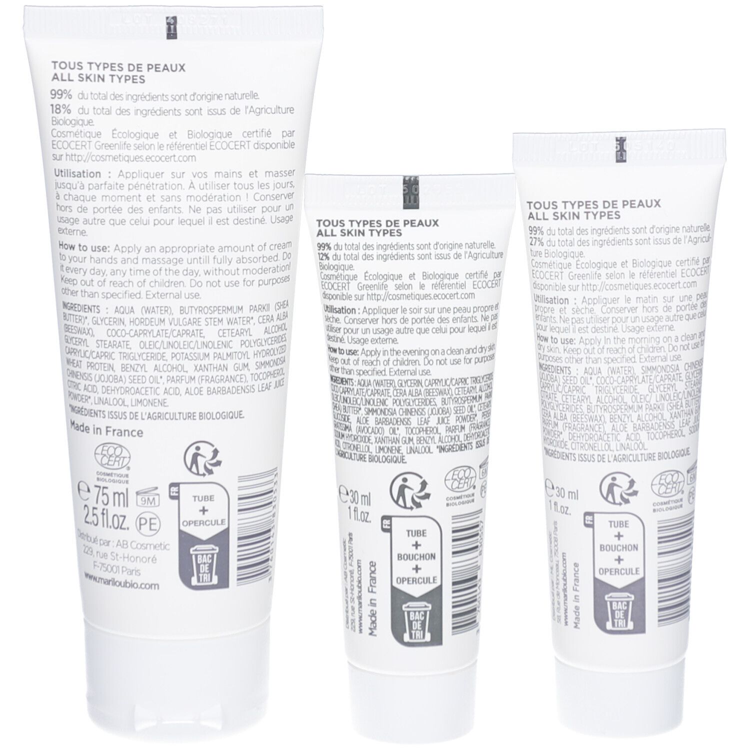 Dos de trois tubes de crème. Texte : ingrédients, utilisation, certifications. Tous types de peau. Fabriqué en France. ECOCERT.