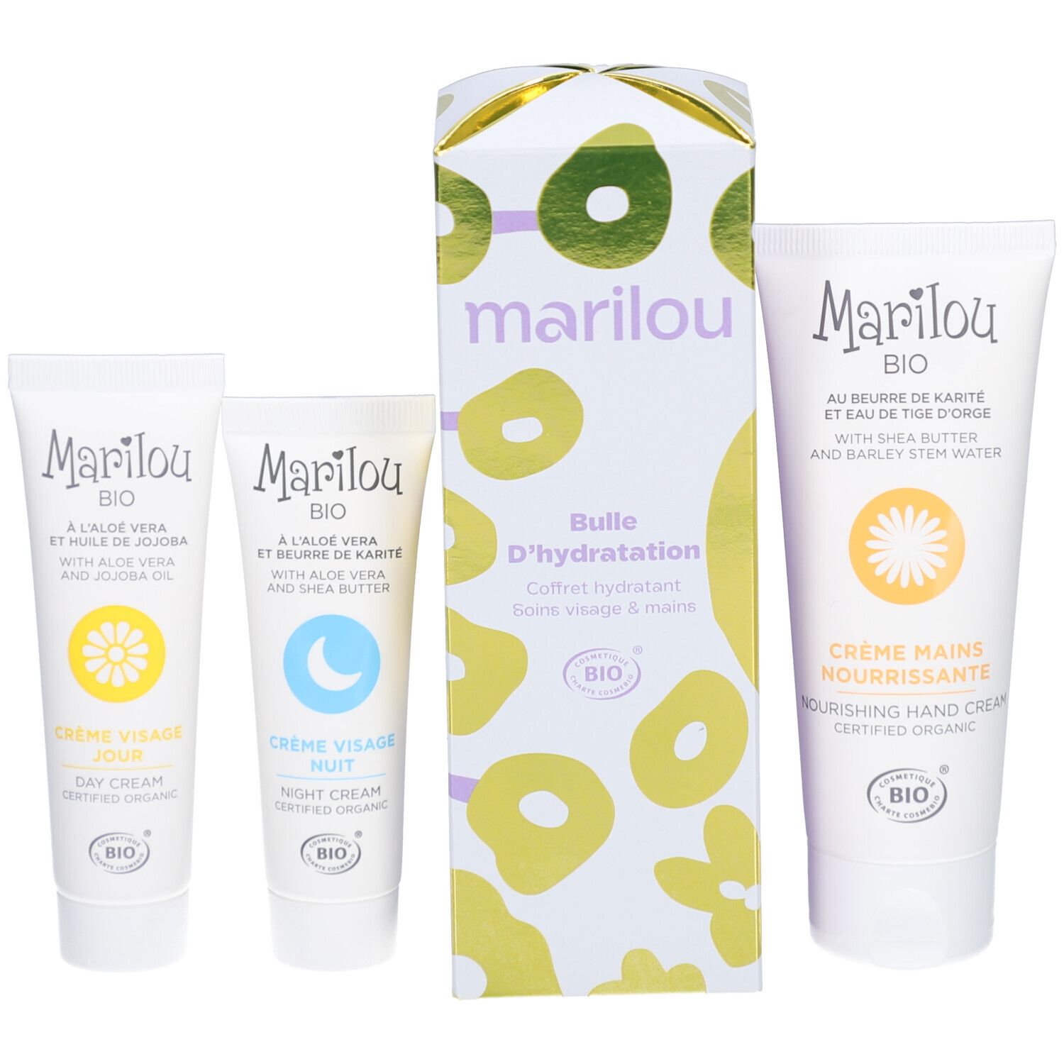 MARILOU BIO Coffret Bulle d'Hydratation. Quatre crèmes : jour, nuit, mains. Emballage avec design floral. Certification bio.