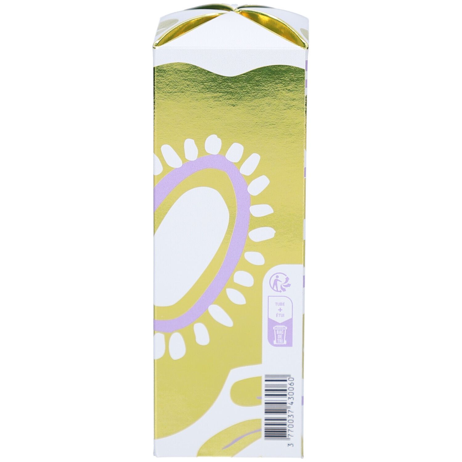 Dos de la boîte MARILOU BIO. Motif floral. Accents dorés. Code-barres et symbole de recyclage.