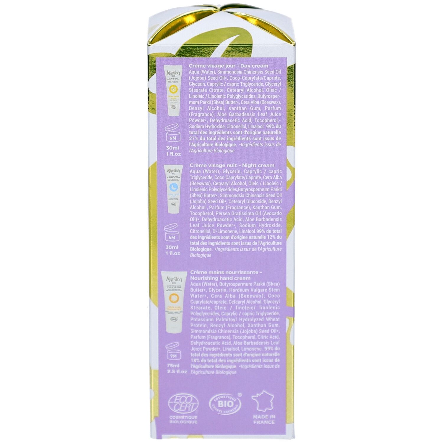 Dos de la boîte MARILOU BIO. Liste des ingrédients et instructions d'utilisation. Certification bio.