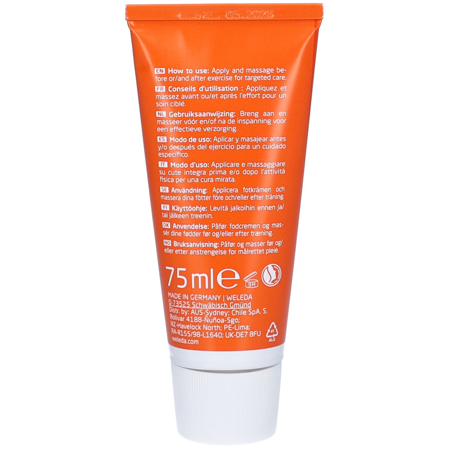 Emballage du produit. Ingrédients. Ingrédients 100% naturels. Issus de l'agriculture biologique. Logo Weleda.