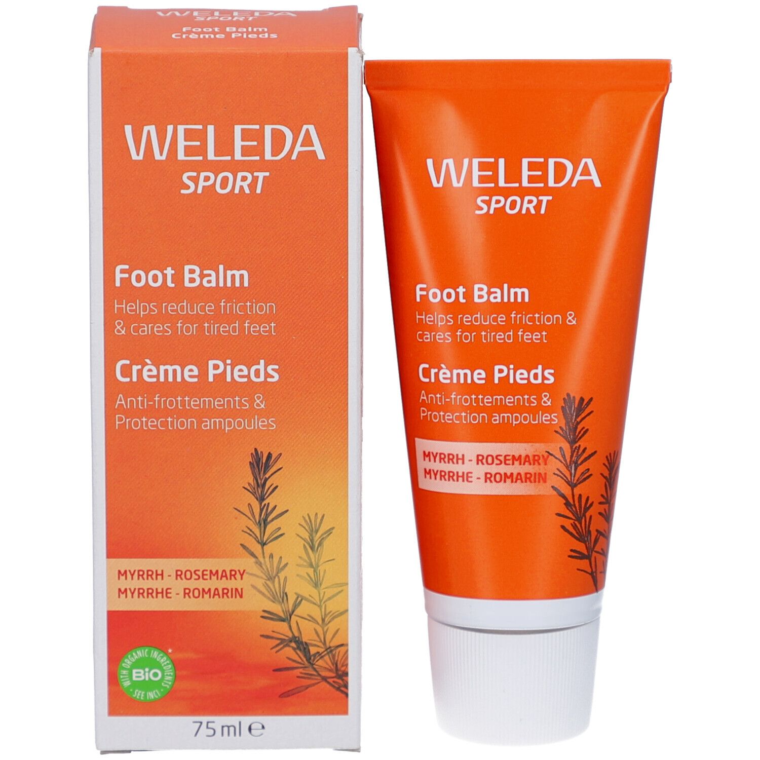 Emballage du produit. Description multilingue. Logo Weleda. Label Bio. 75ml.