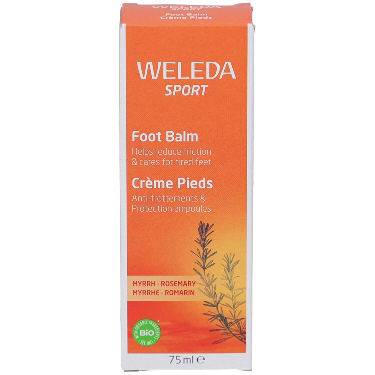 Emballage et tube du produit. WELEDA SPORT, Foot Balm, Crème Pieds. Label Bio. 75ml.