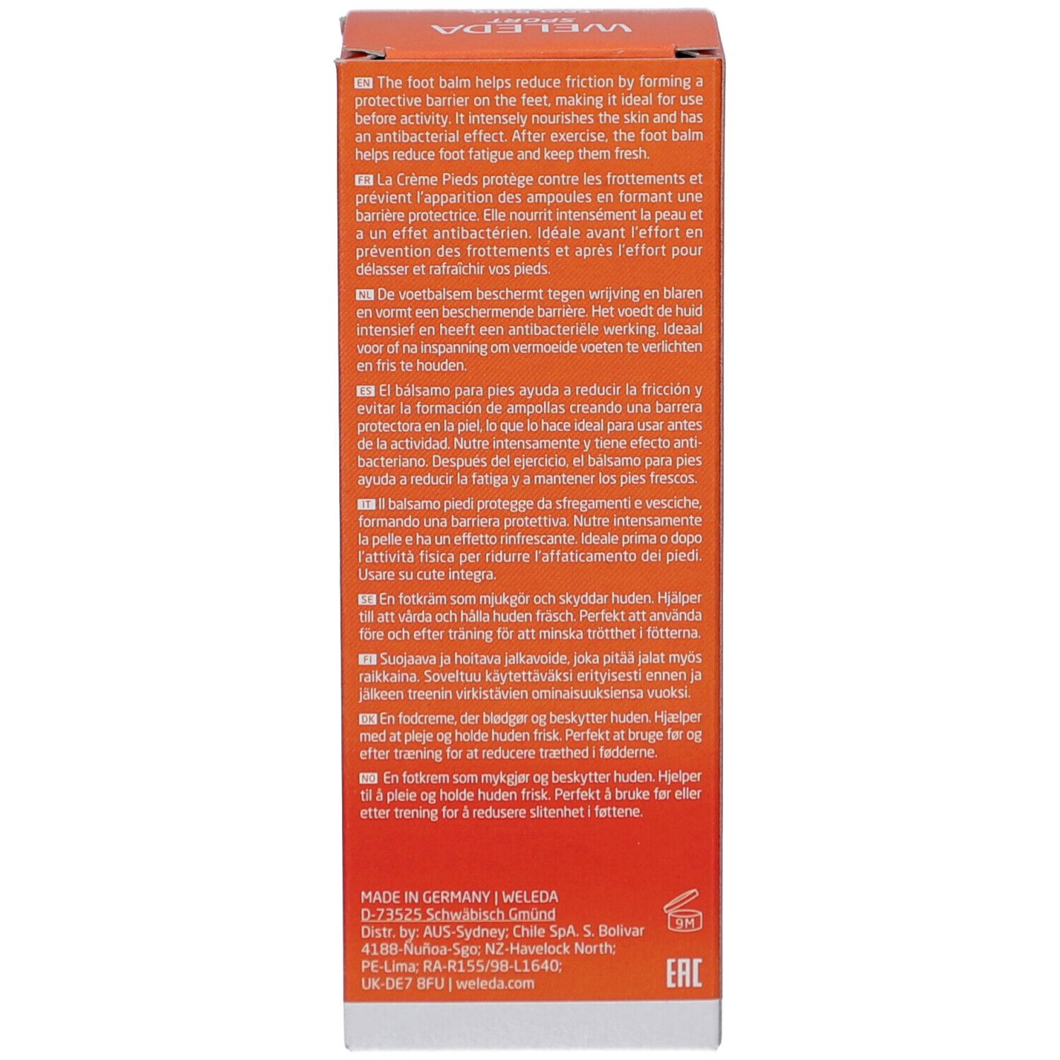 Dos de l'emballage. Description multilingue. Logo Weleda. Label Bio. 75ml.