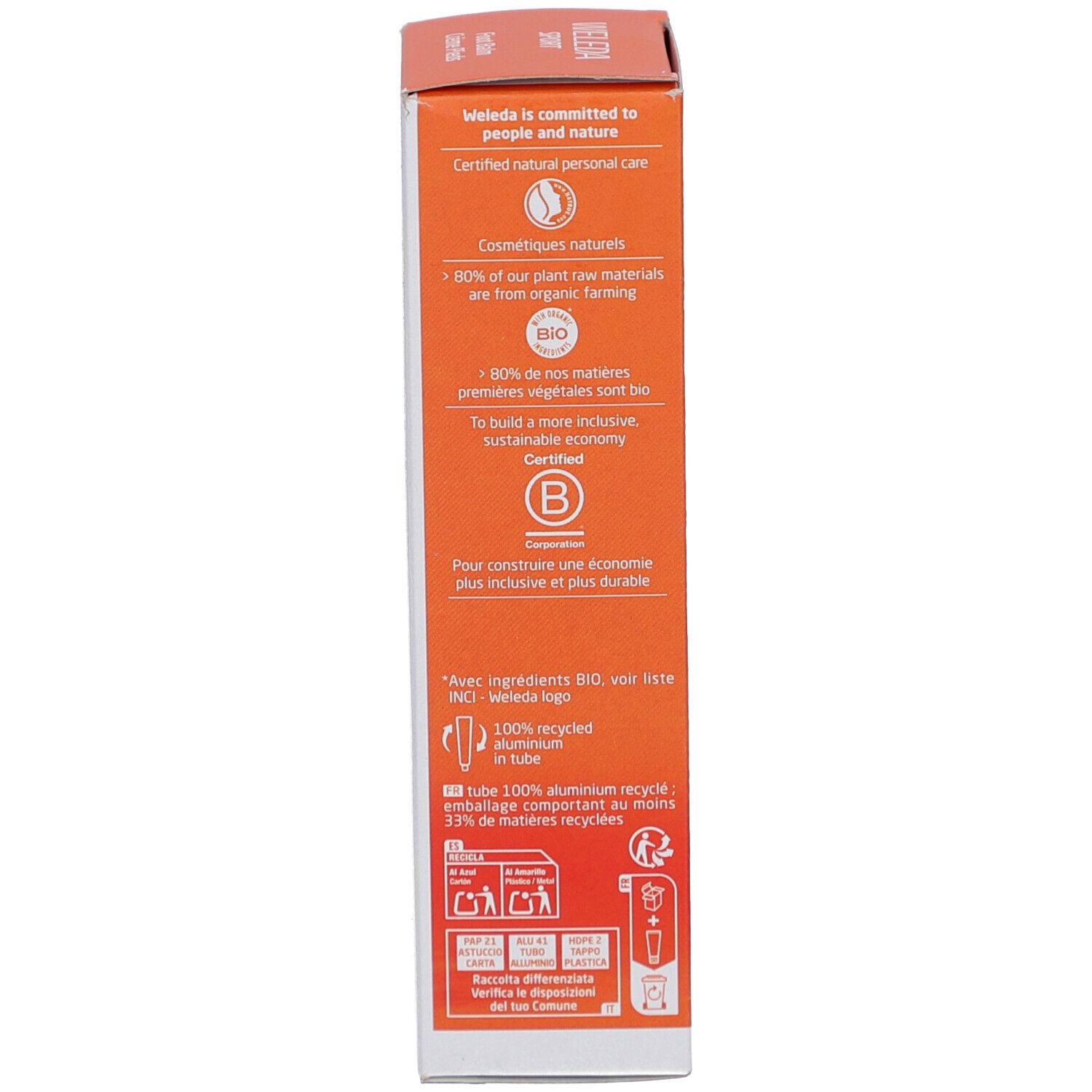 Emballage du produit. Logo Weleda. Cosmétiques naturels certifiés. Tube 100% recyclé. Label Bio.