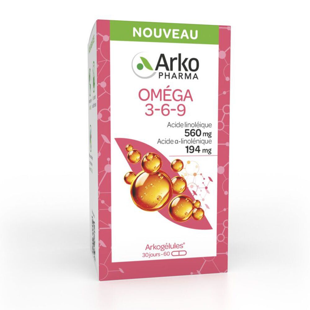 Boîte rose Arkopharma Oméga 3-6-9, 60 gélules. Étiquette 'Nouveau'.
