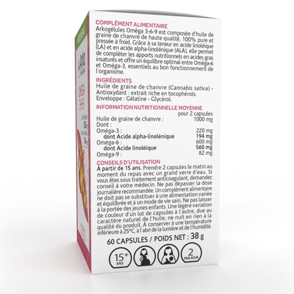 Dos de la boîte rose. Texte 'Complément alimentaire'. 60 gélules. Ingrédients et conseils d'utilisation.