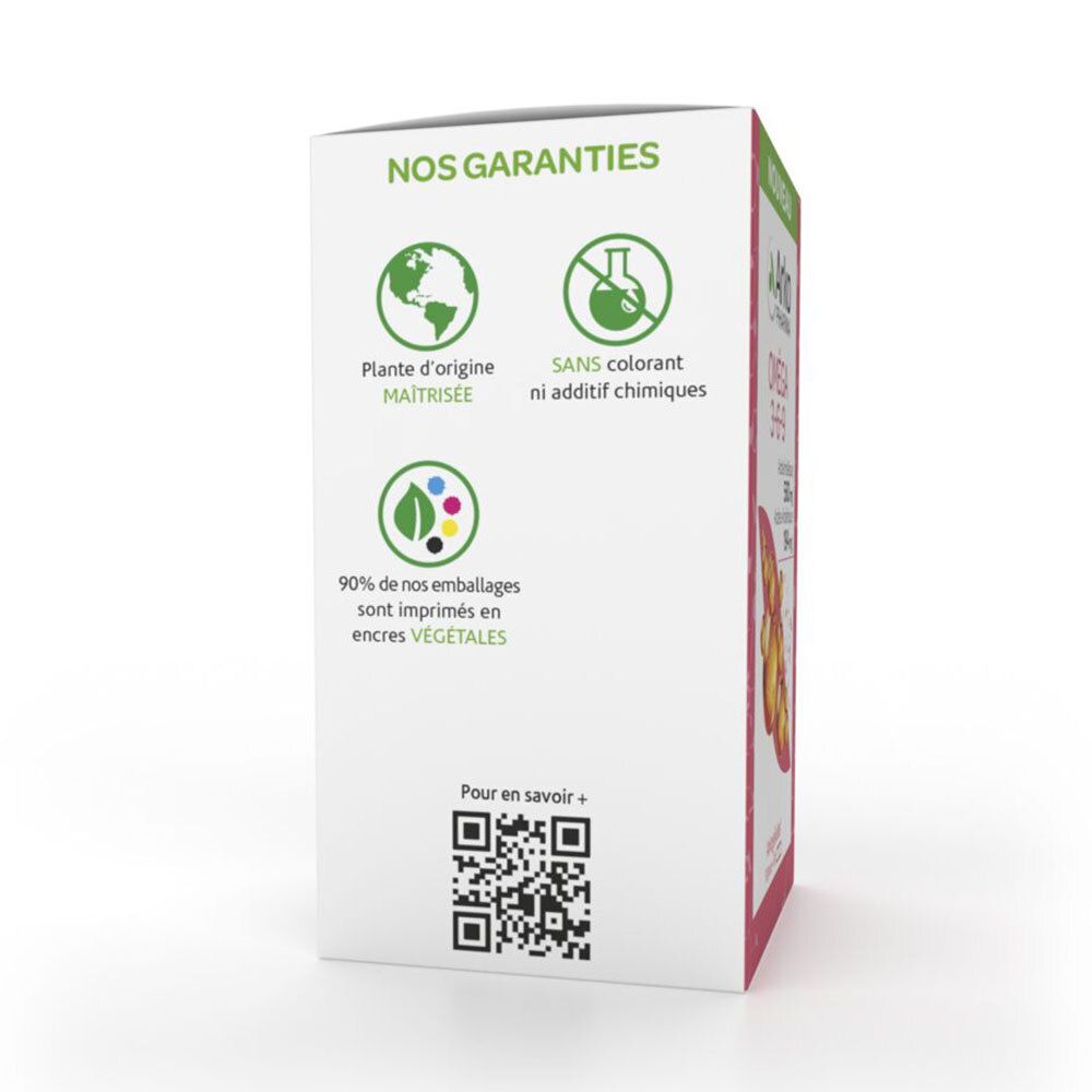 Dos de la boîte rose. Logos: 'Plante d'origine maîtrisée', 'Sans colorant', 'Encres végétales'. QR code.