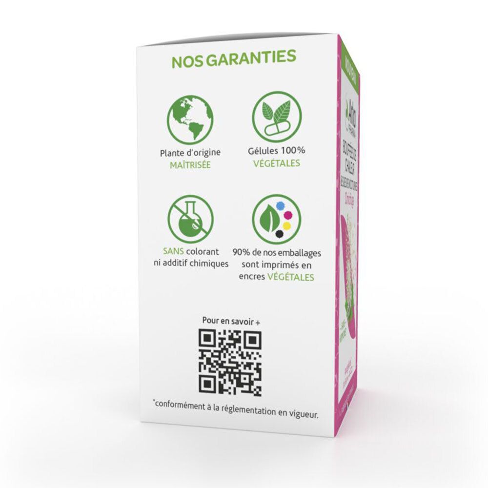 Dos de la boîte Cimicifuga. Logos : « Plante d'origine maîtrisée », « Gélules 100% VÉGÉTALES », « Sans colorant ni additif chimiques ».