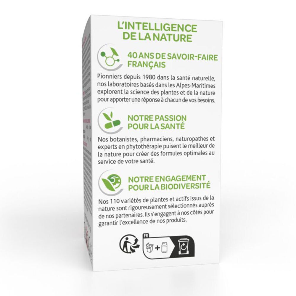 Dos de la boîte Cimicifuga. Texte : « L'INTELLIGENCE DE LA NATURE ». Logos : 40 ans de savoir-faire, Notre passion pour la santé.