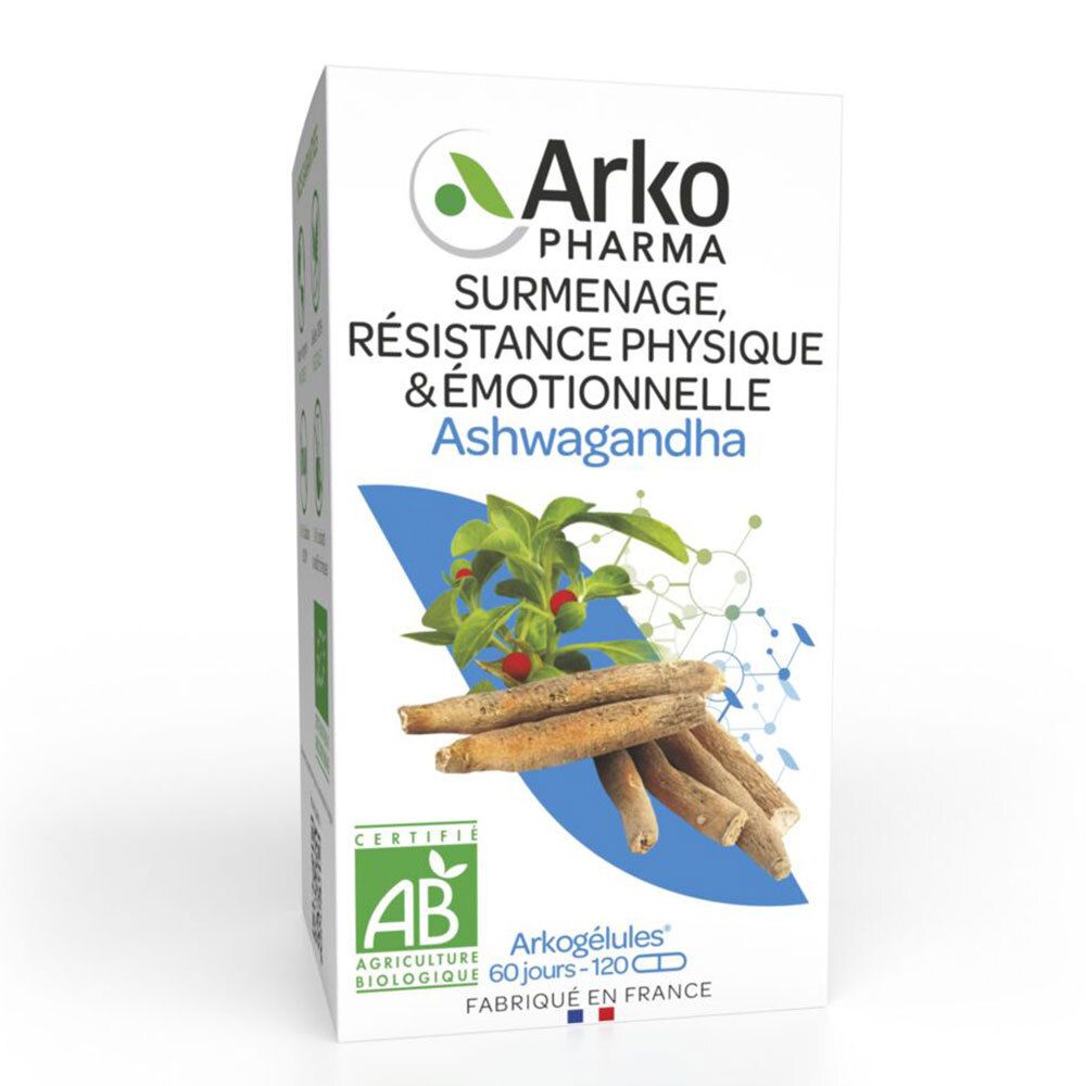 Boîte blanche avec texte et illustration. Logo Arko Pharma. Gélules Ashwagandha, certification AB bio.