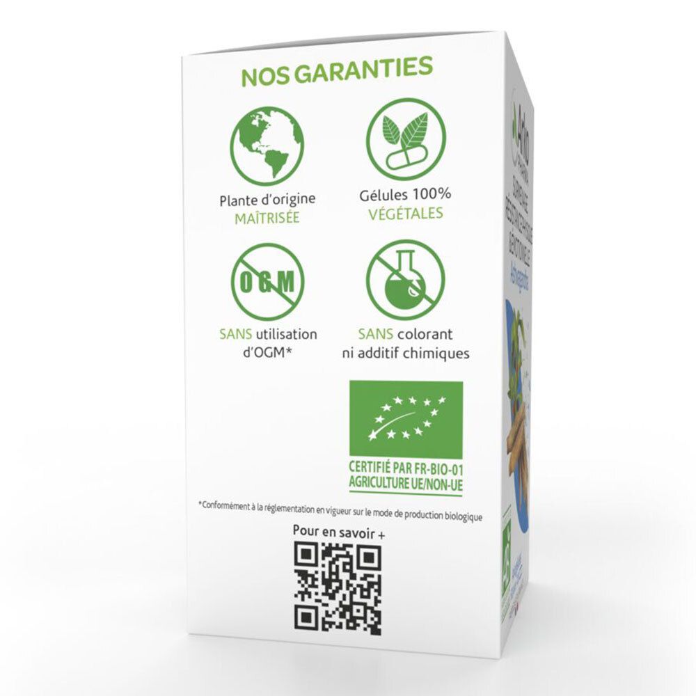 Dos de la boîte avec logos et texte. Certifications : origine végétale, gélules 100% végétales, sans OGM, sans additifs chimiques.