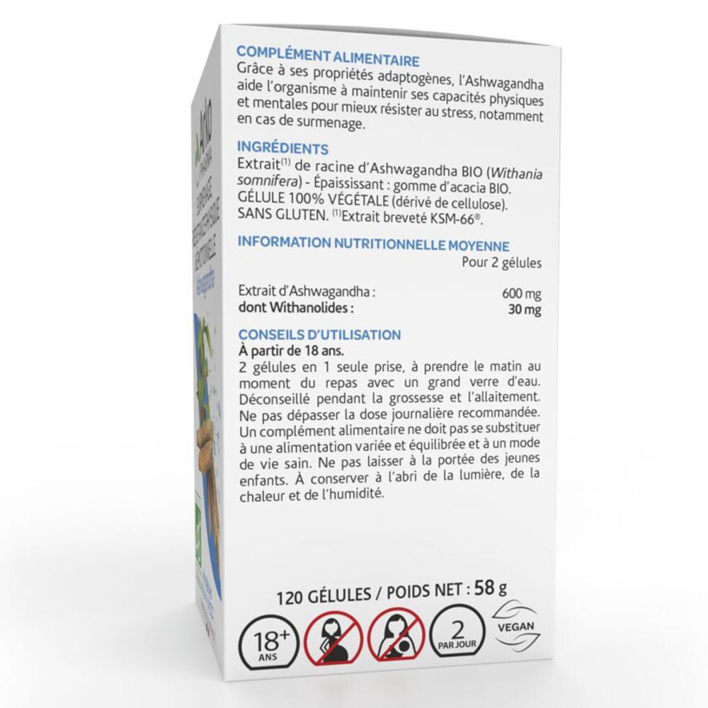 Texte sur le côté de la boîte. Informations nutritionnelles, conseils d'utilisation, ingrédients. 120 gélules, 58g. Vegan, dès 18 ans.