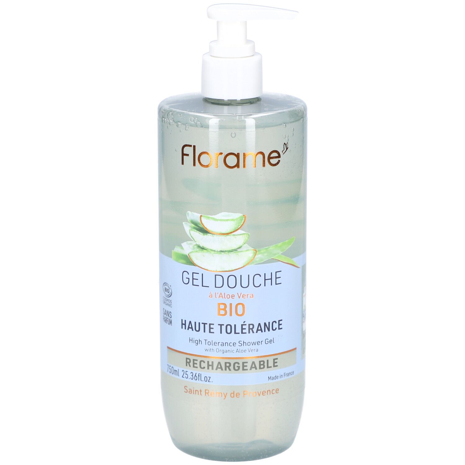 Flacon transparent avec pompe blanche. Étiquette avec texte: Gel Douche, Aloe Vera, Haute Tolérance. Certification Bio.