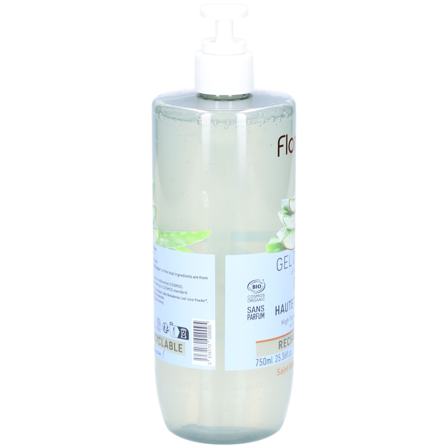 Flacon transparent avec pompe blanche. Dos avec texte et symboles de recyclage. Sans parfum.