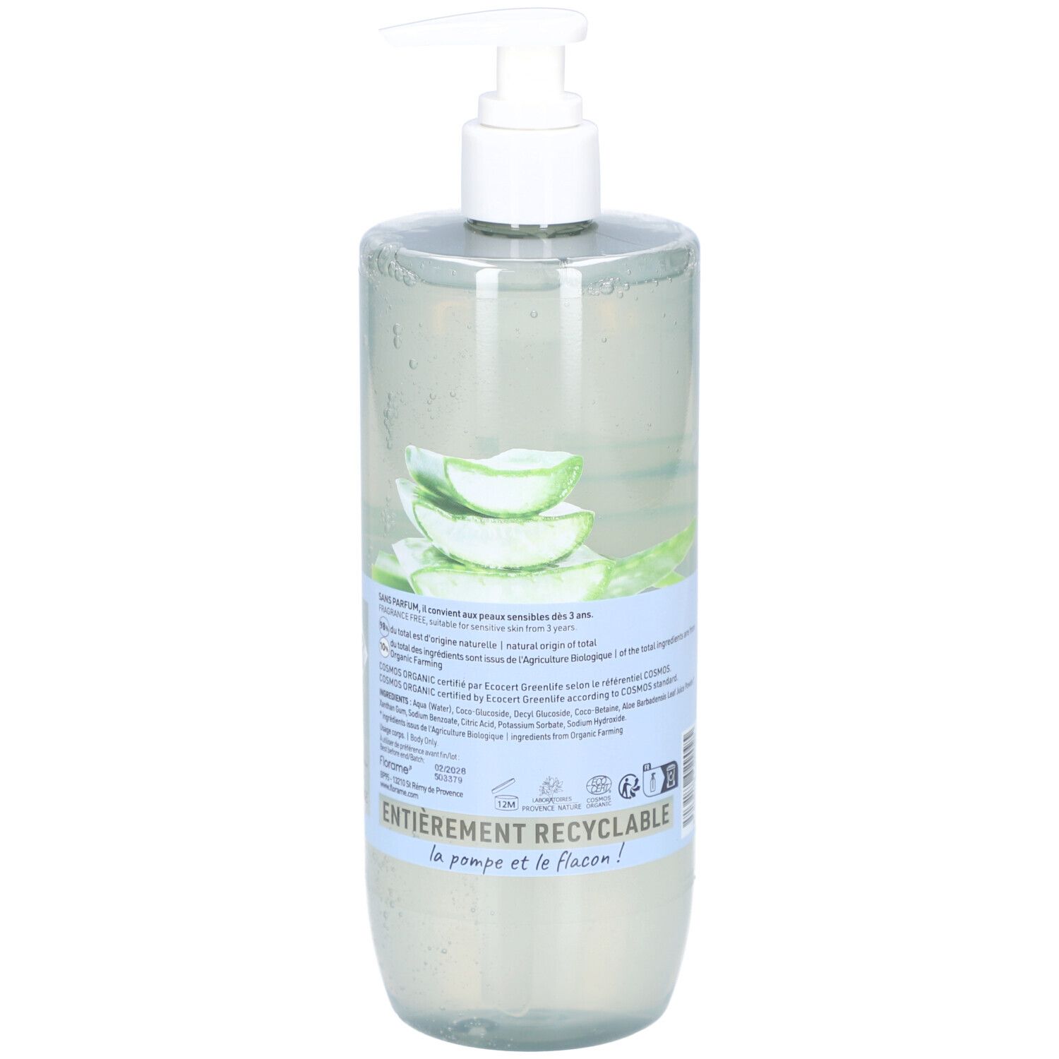 Flacon transparent avec pompe blanche. Dos avec texte, illustration d'aloe vera et symboles de recyclage.