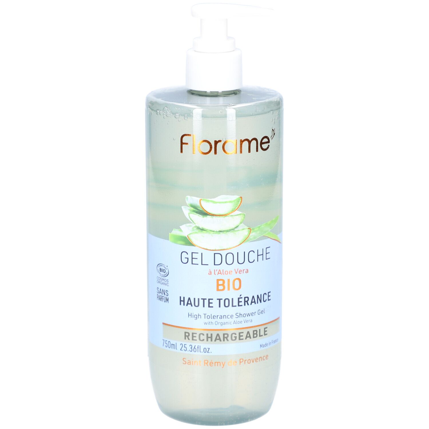 Flacon transparent avec pompe blanche. Étiquette avec texte: Gel Douche, Aloe Vera, Haute Tolérance. Certification Bio.