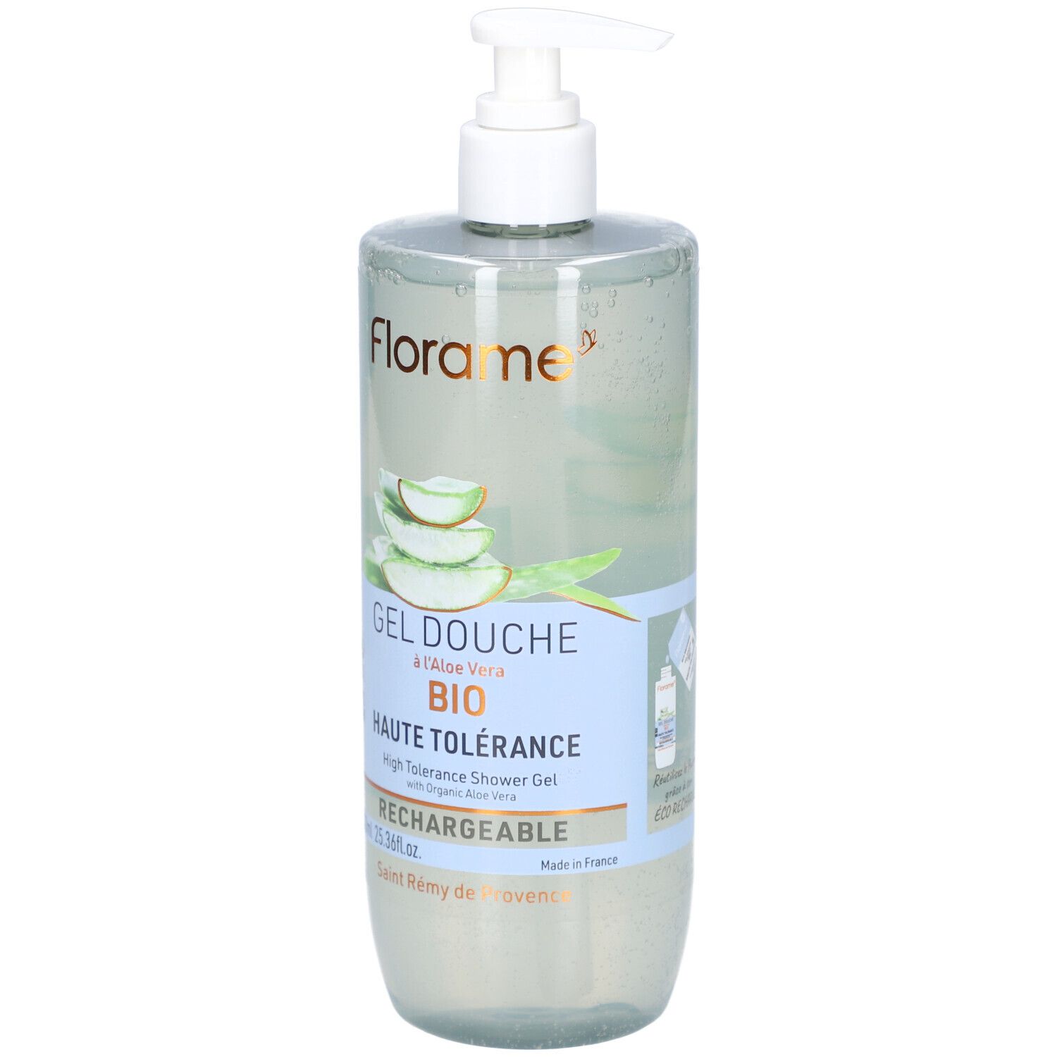 Flacon transparent avec pompe blanche. Étiquette avec texte: Gel Douche, Aloe Vera, Haute Tolérance. Certification Bio.