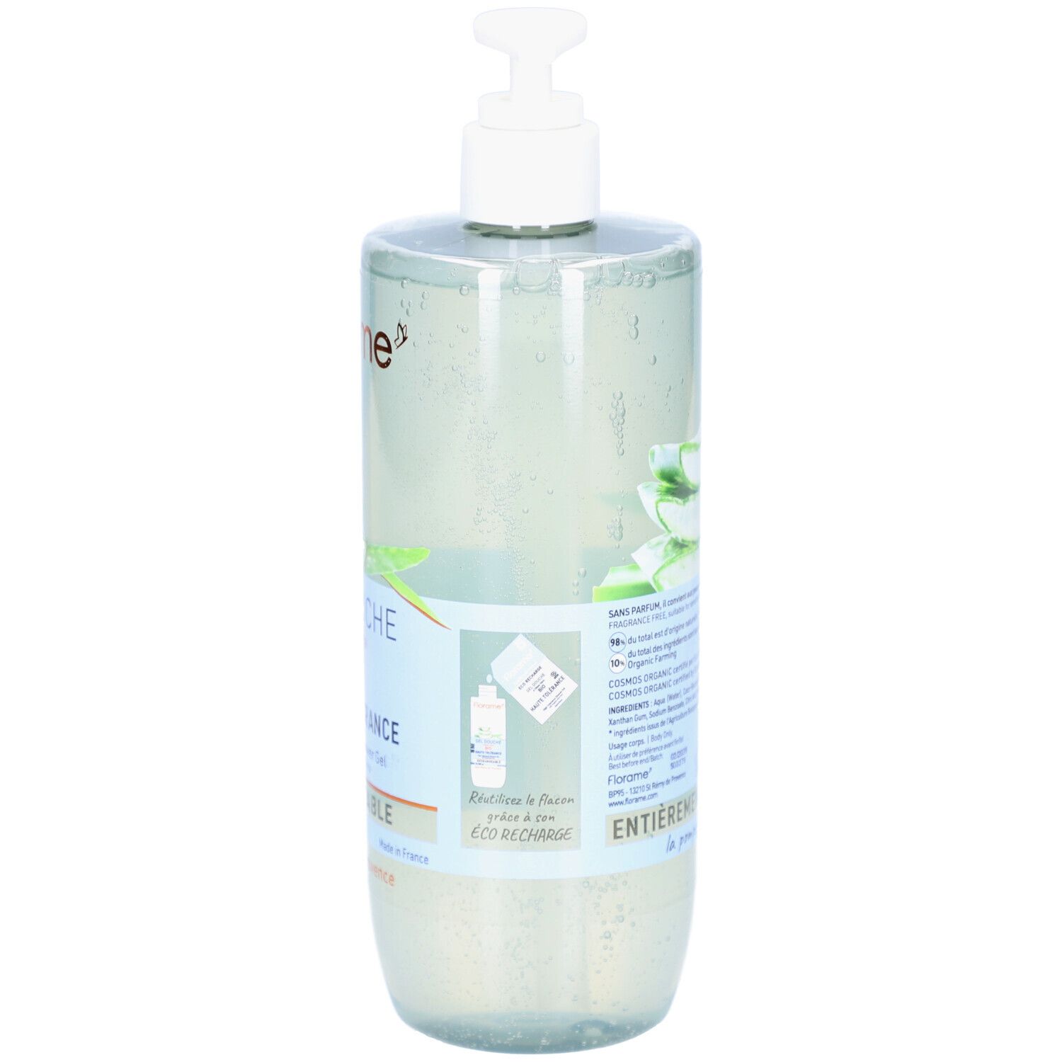 Flacon transparent avec pompe blanche. Dos avec texte, illustration d'aloe vera et symboles de recyclage.