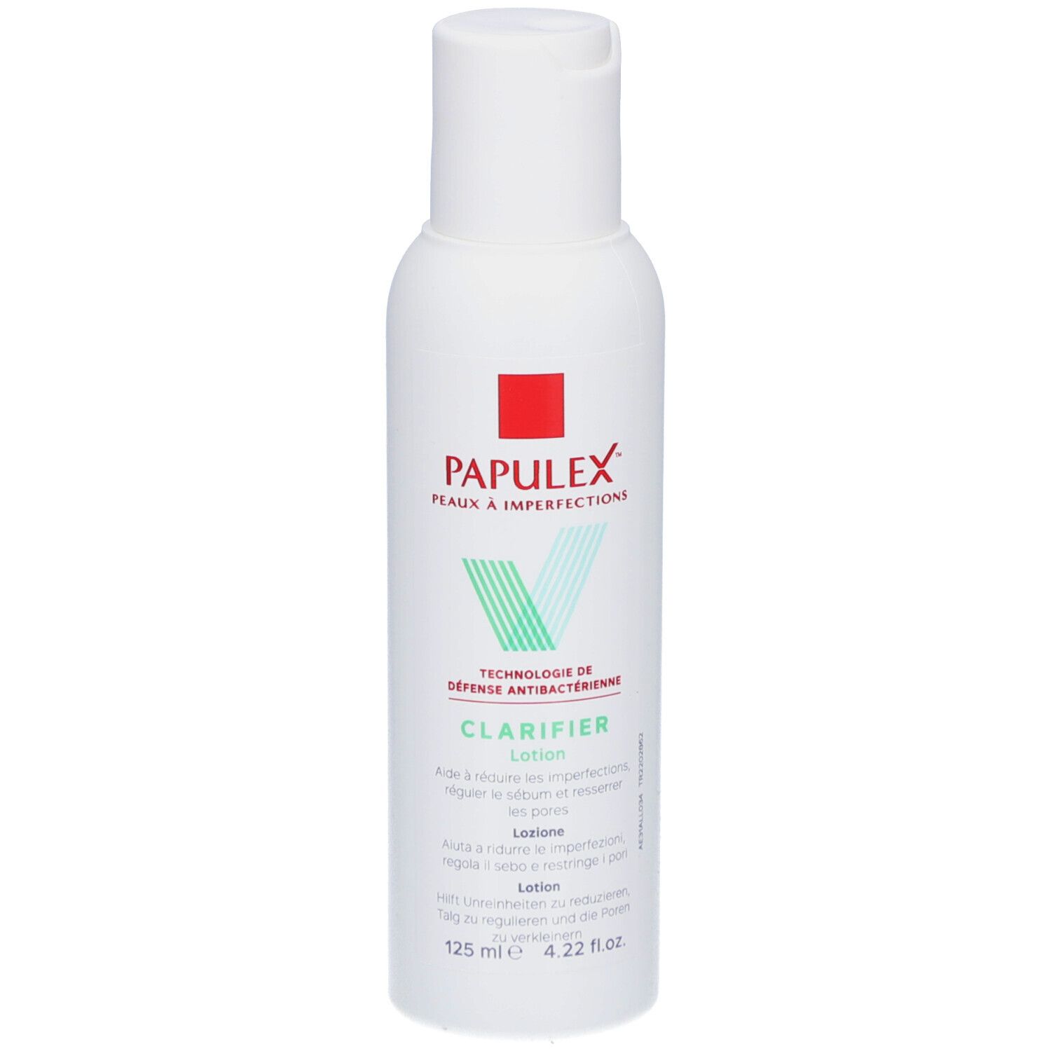 Flacon de lotion blanc avec logo rouge et vert. Texte: PAPULEX, CLARIFIER Lotion. 125 ml.