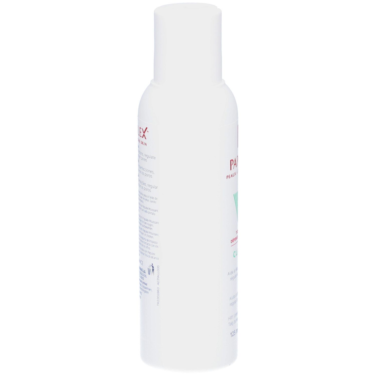 Flacon de lotion blanc, vue latérale. Texte: PAPULEX, CLARIFIER Lotion. 125 ml.