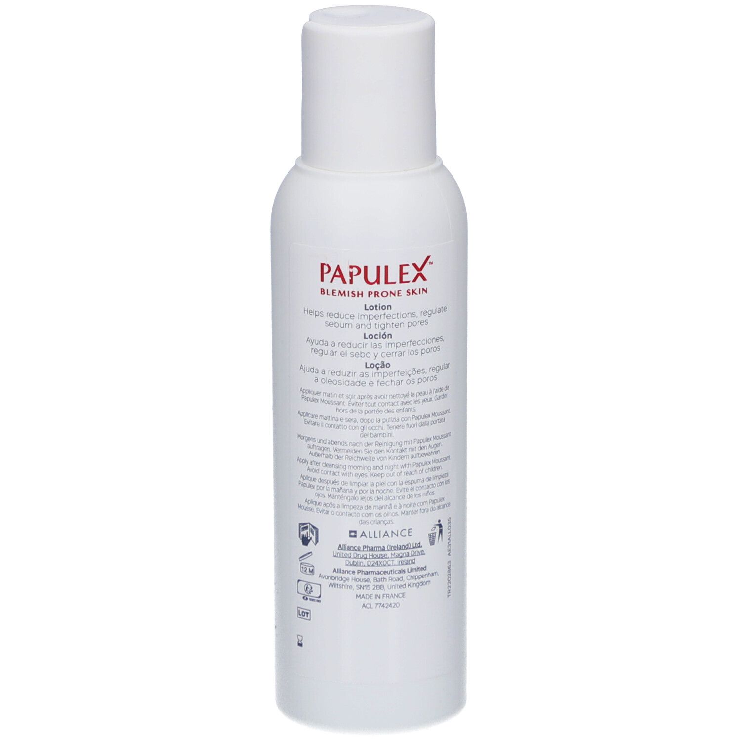 Flacon de lotion blanc avec texte. Texte: PAPULEX, Blemish Prone Skin, Lotion. Alliance Pharma.