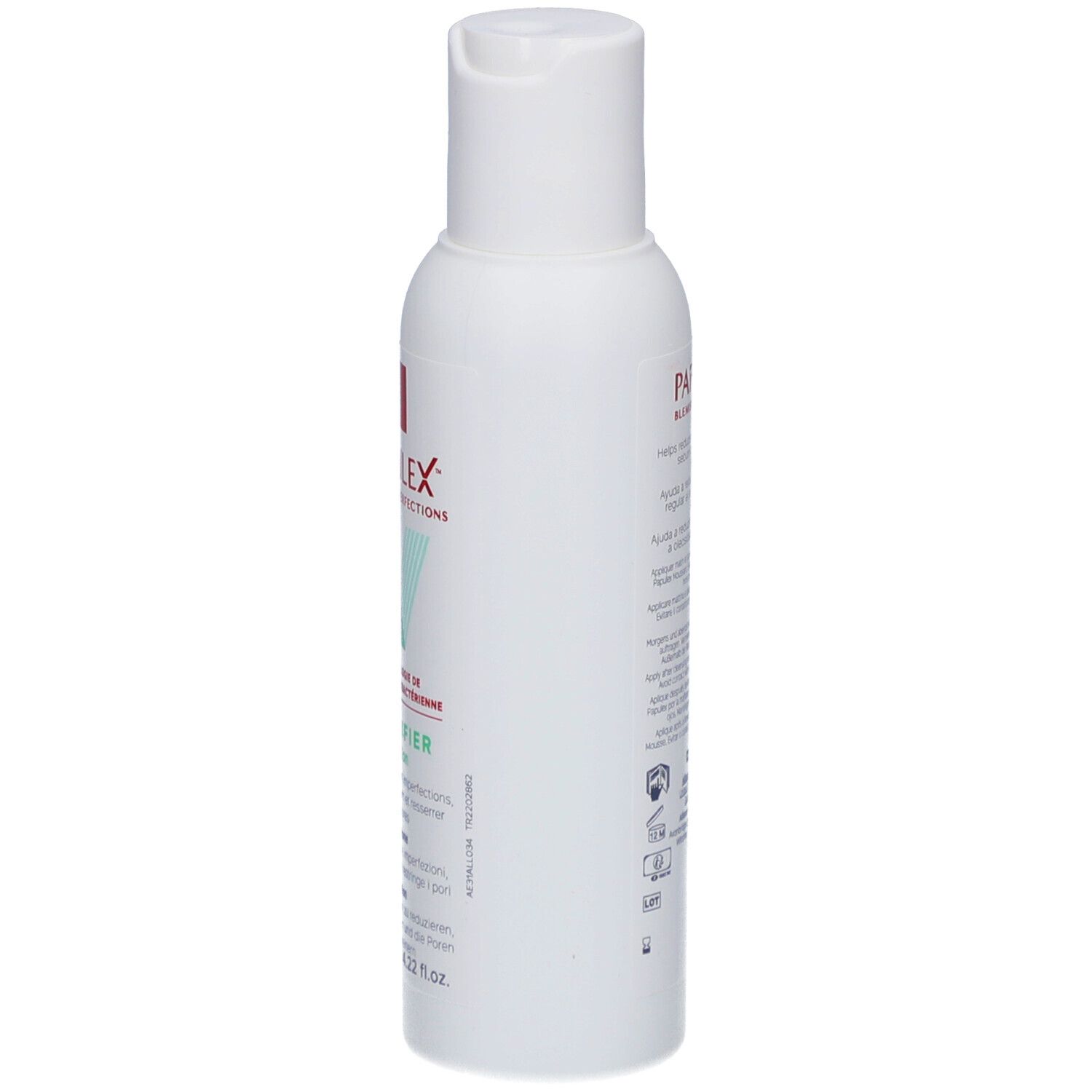 Flacon de lotion blanc, vue latérale. Texte: PAPULEX, CLARIFIER Lotion. 125 ml.