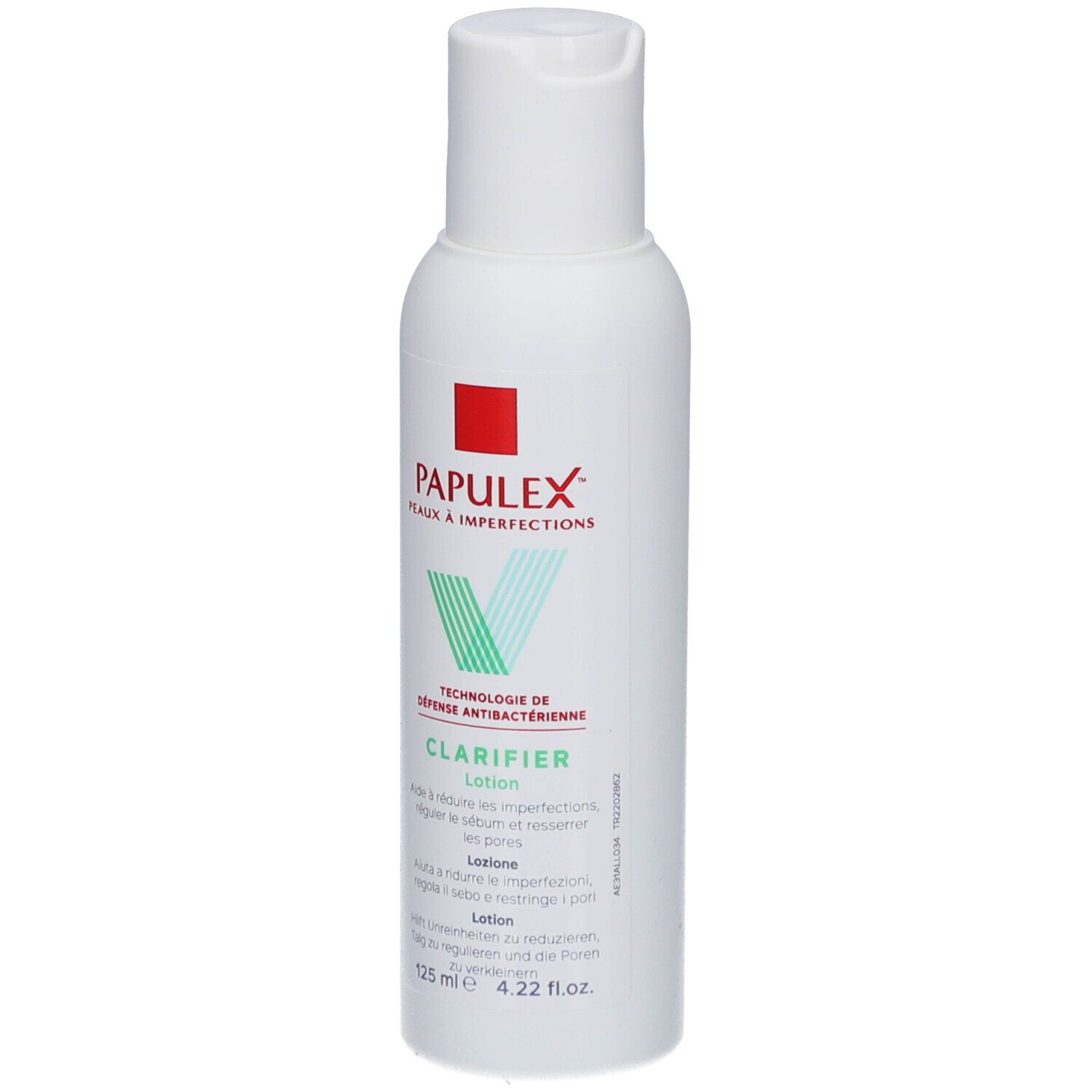 Flacon de lotion blanc avec logo rouge et vert. Texte: PAPULEX, CLARIFIER Lotion. 125 ml.