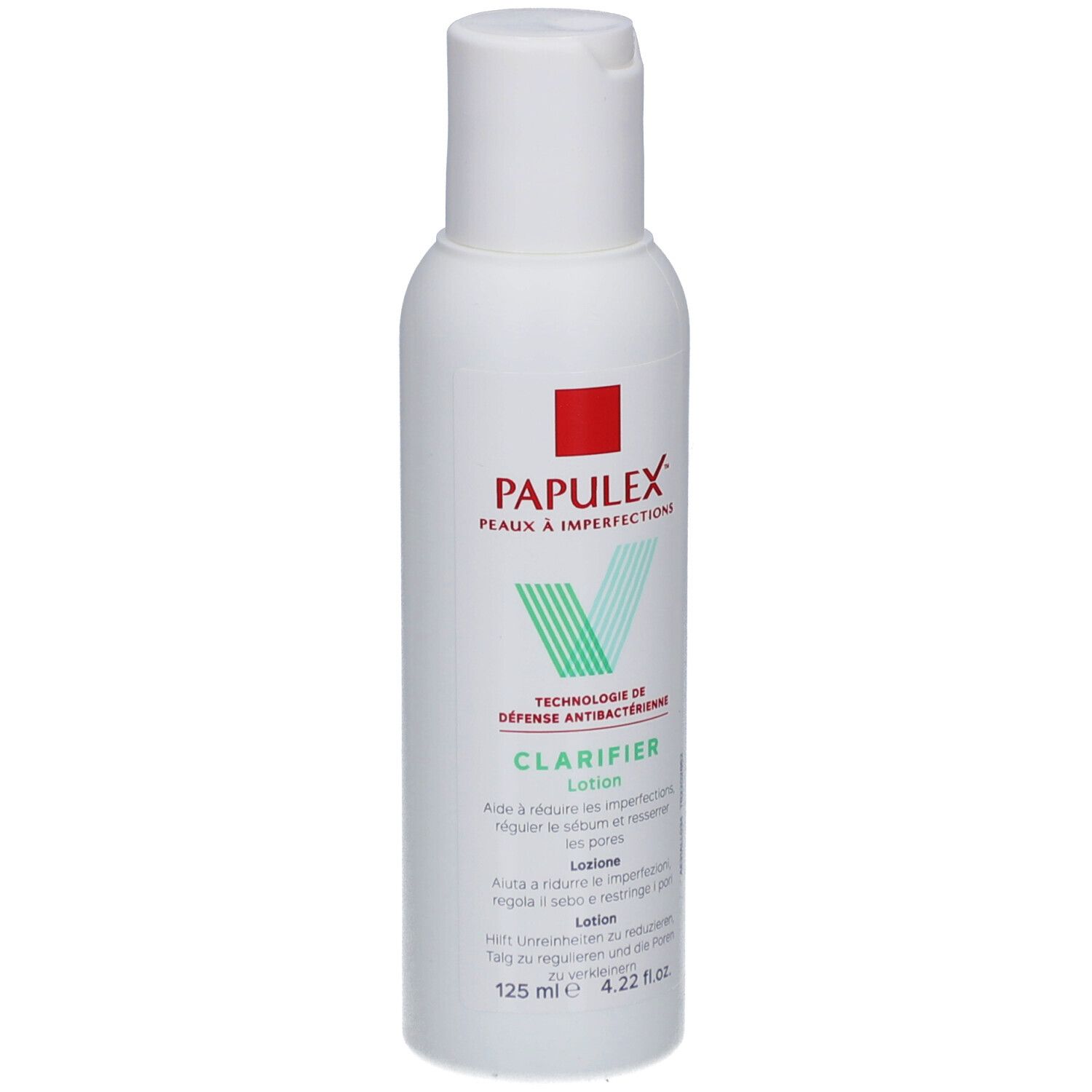 Flacon de lotion blanc avec logo rouge et vert. Texte: PAPULEX, CLARIFIER Lotion. 125 ml.