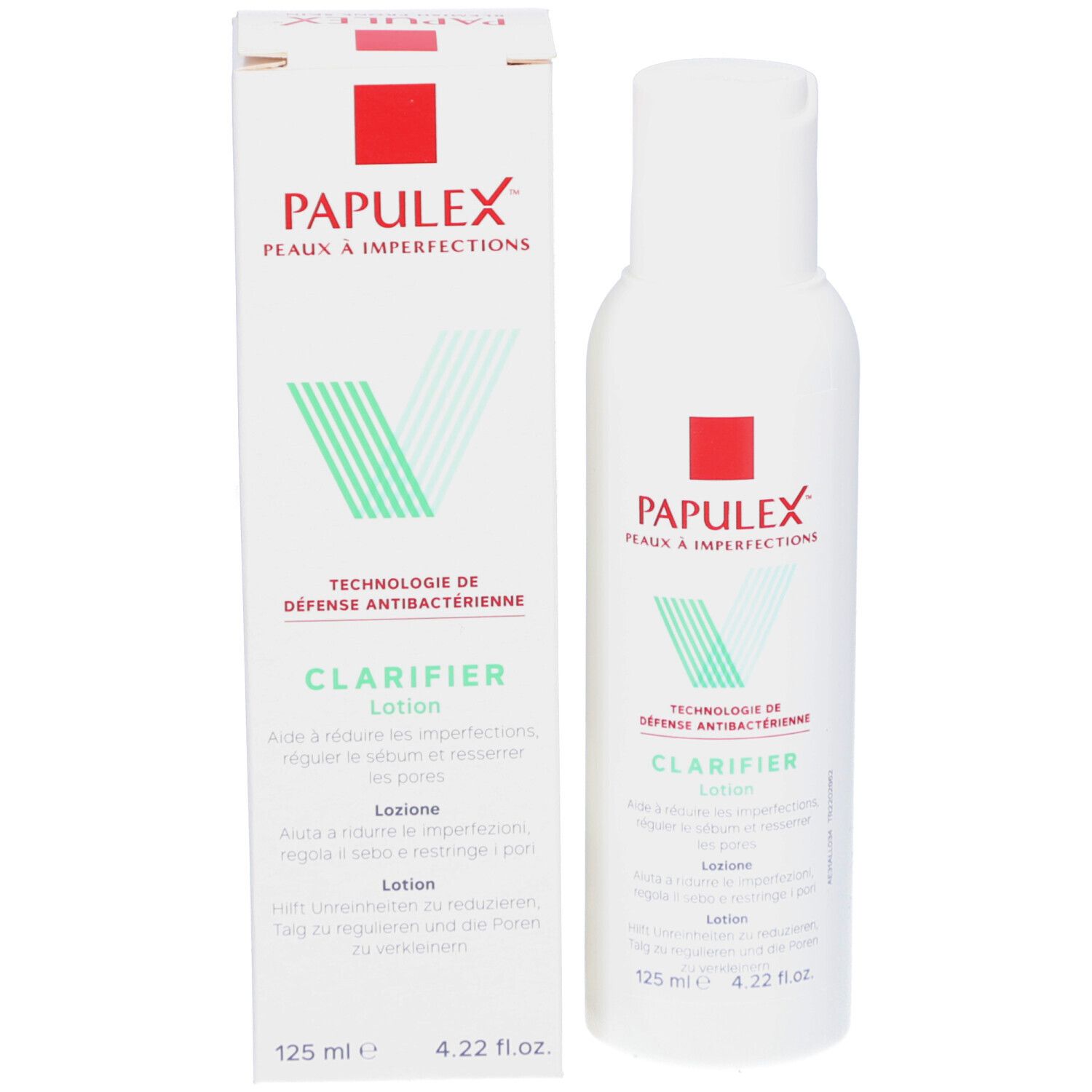 Flacon de lotion et emballage. Texte: PAPULEX, CLARIFIER Lotion. 125 ml.