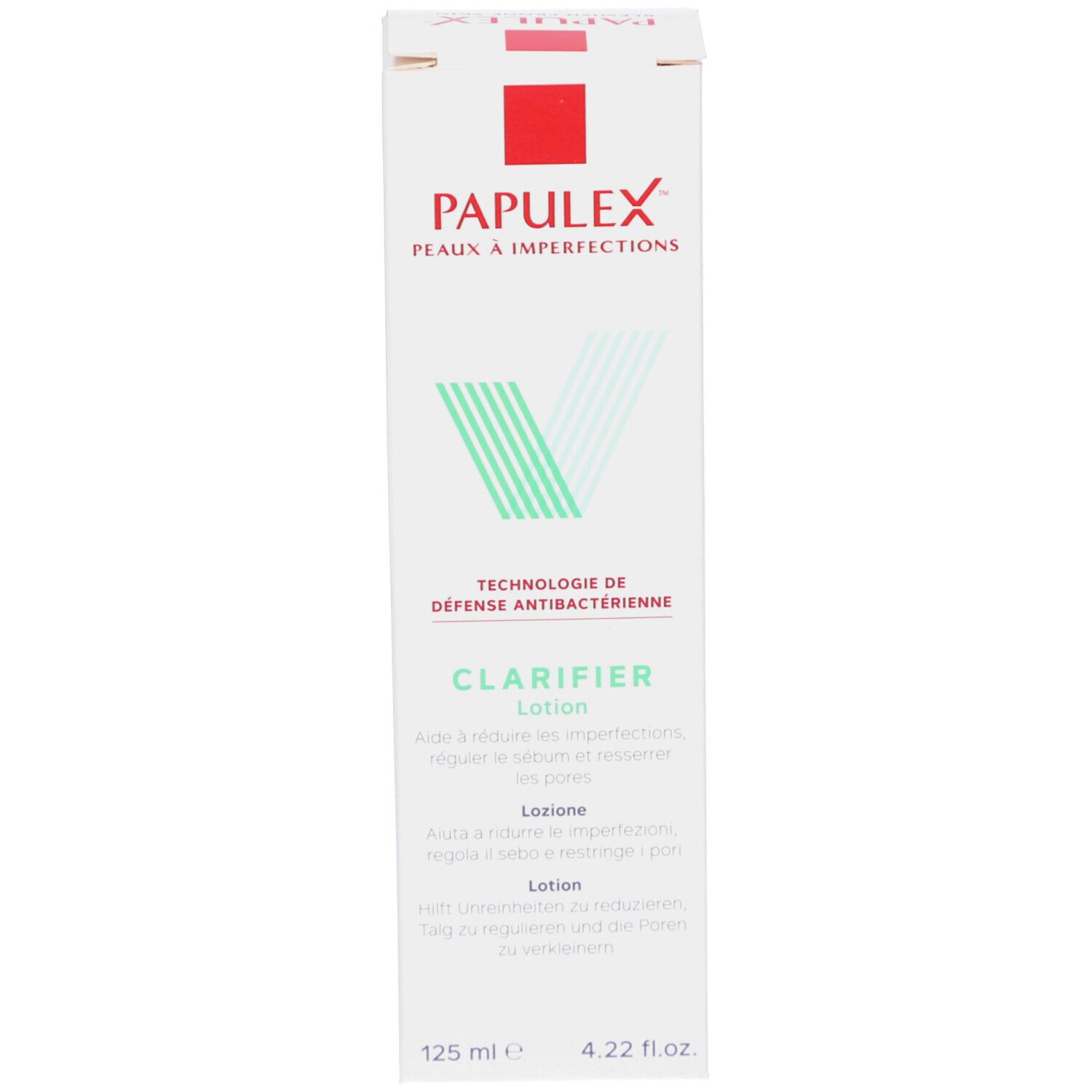 Emballage. Texte: PAPULEX, CLARIFIER Lotion. 125 ml.