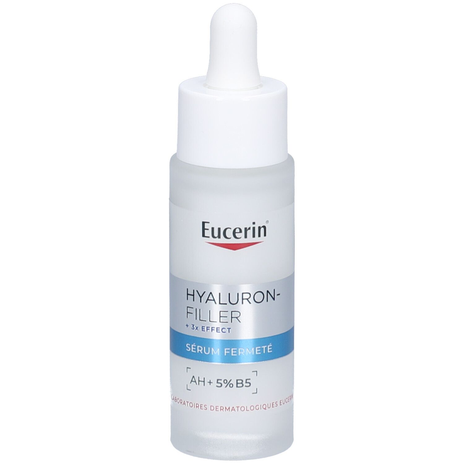 Eucerin Sérum Fermeté. Flacon avec pipette. Bouchon blanc, flacon transparent. Inscriptions visibles.