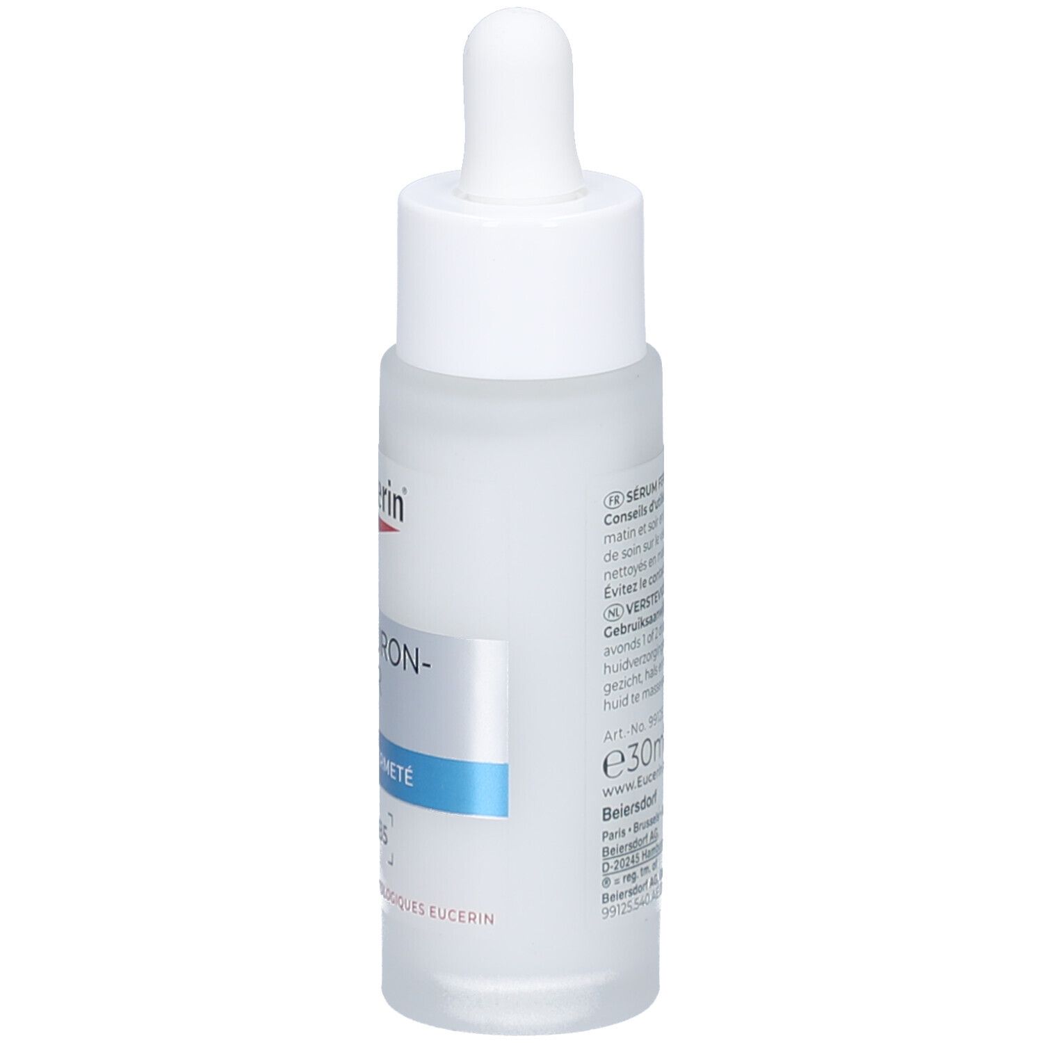 Eucerin Sérum Fermeté. Flacon. Texte. Volume: 30ml. Flacon transparent.