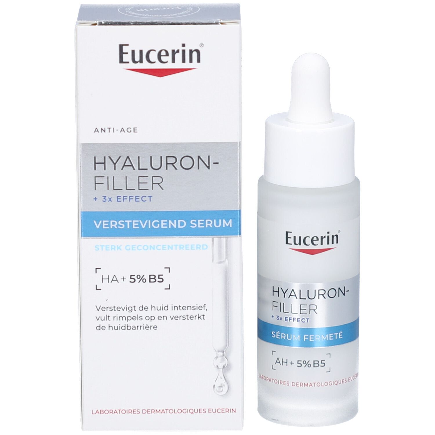 Eucerin Sérum Fermeté et emballage. Flacon et boîte. Texte.