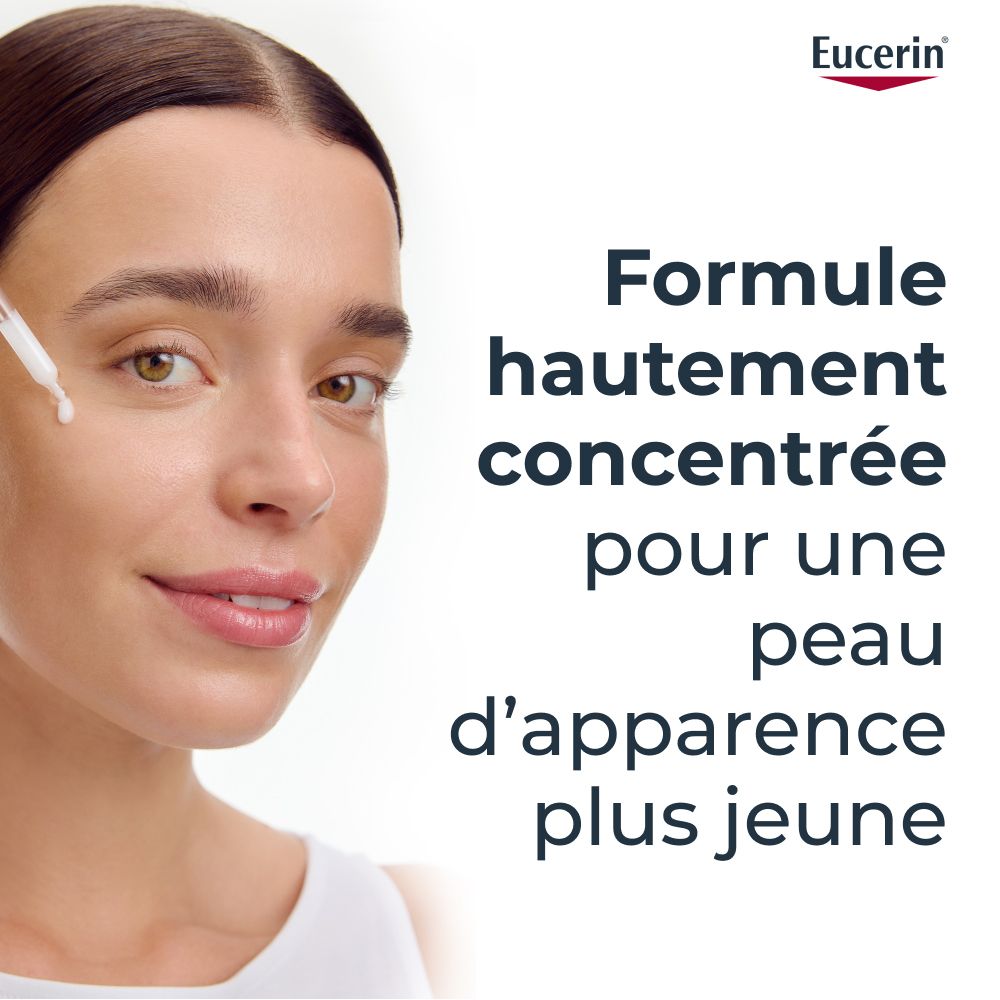 Femme avec peau. Texte: Formule concentrée pour une peau plus jeune. Logo Eucerin.