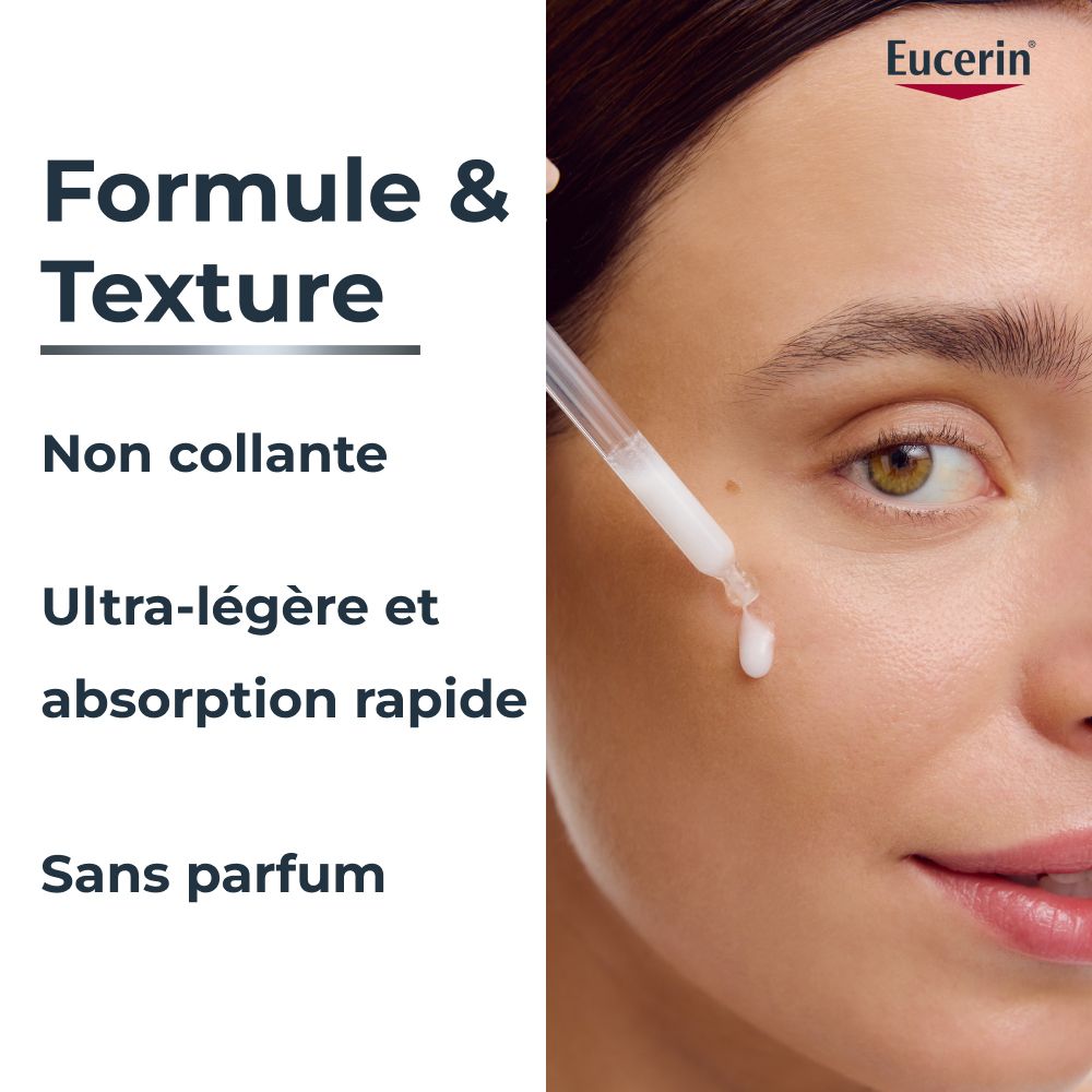 Femme avec peau. Texte: Formule & Texture: Non collante, Ultra-légère, Sans parfum. Logo Eucerin.