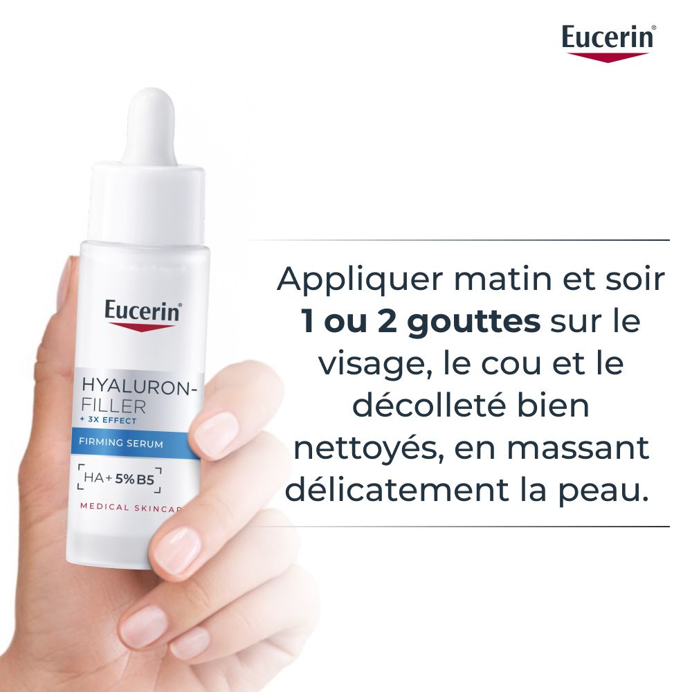 Main tenant flacon. Texte: Appliquer matin et soir 1 ou 2 gouttes sur le visage, le cou et le décolleté.