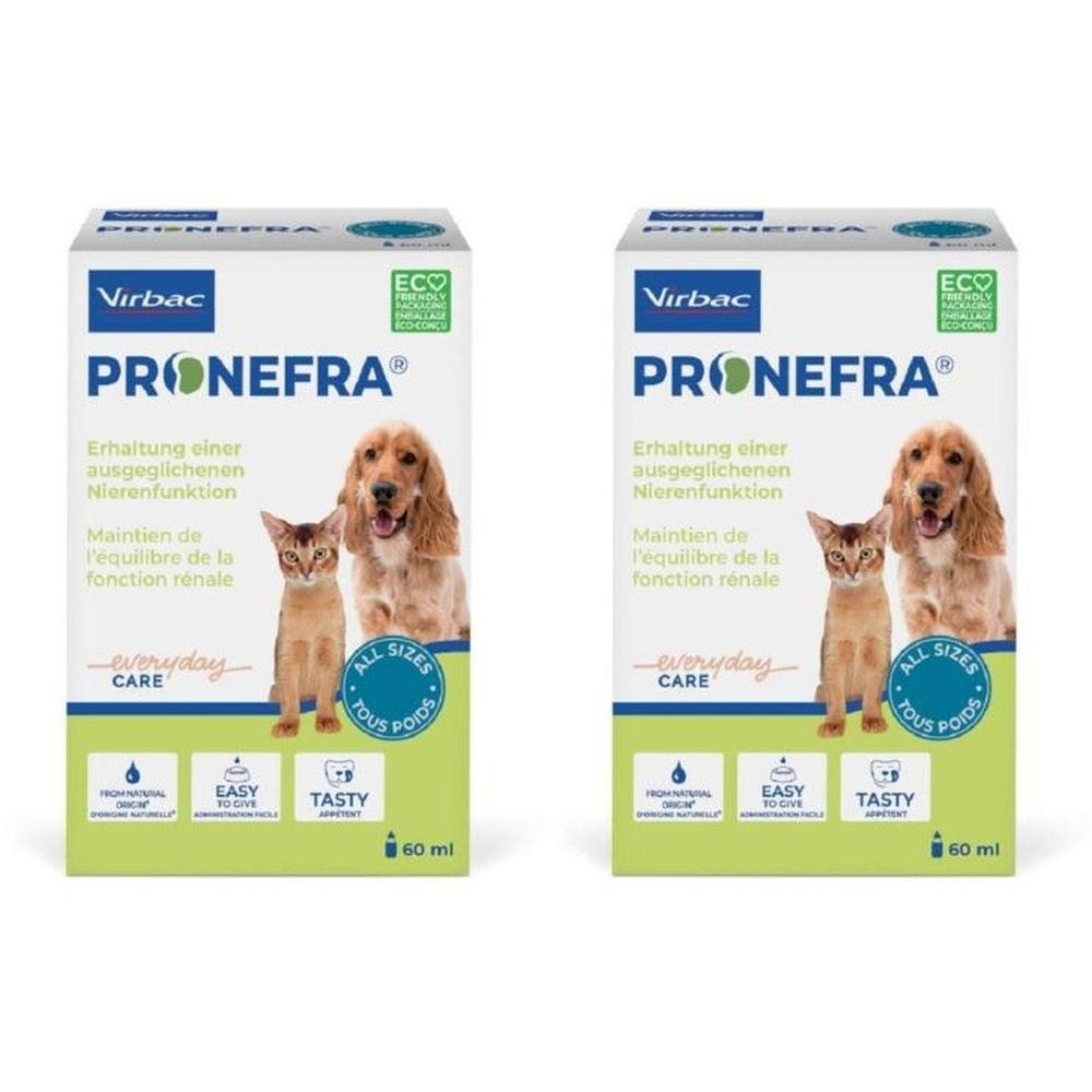 Deux boîtes de produit. Inscription : PRONEFRA, Virbac. Image d'un chien et d'un chat. Texte en allemand et en français.
