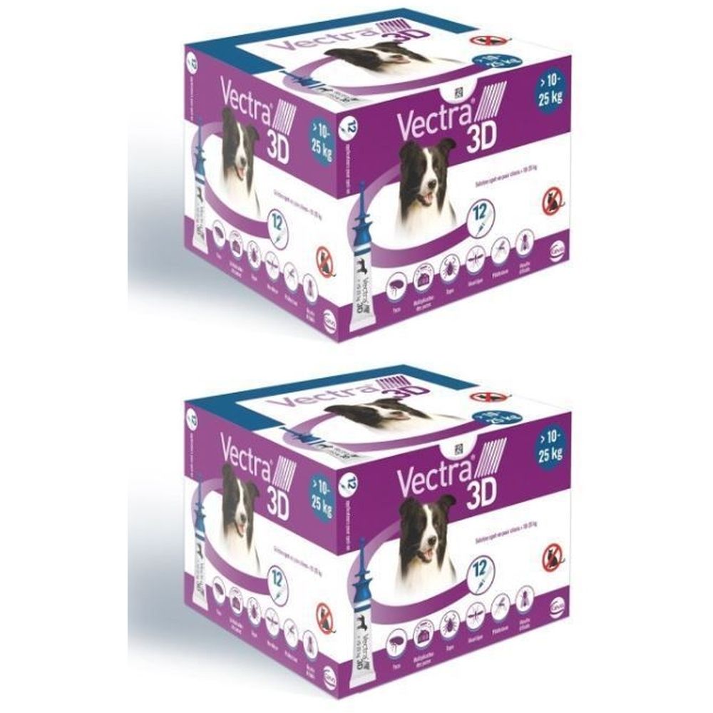 Deux boîtes Vectra 3D. Image d'un chien, 10-25 kg, 12 unités. Emballage violet et bleu.