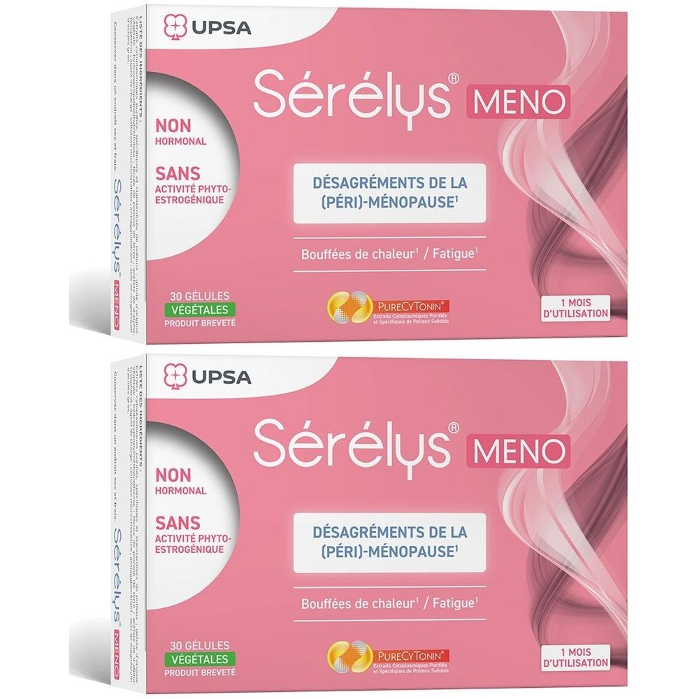Deux boîtes de Sérélys MENO. Emballage rose avec texte blanc. Contient 30 gélules végétales. Non hormonal.