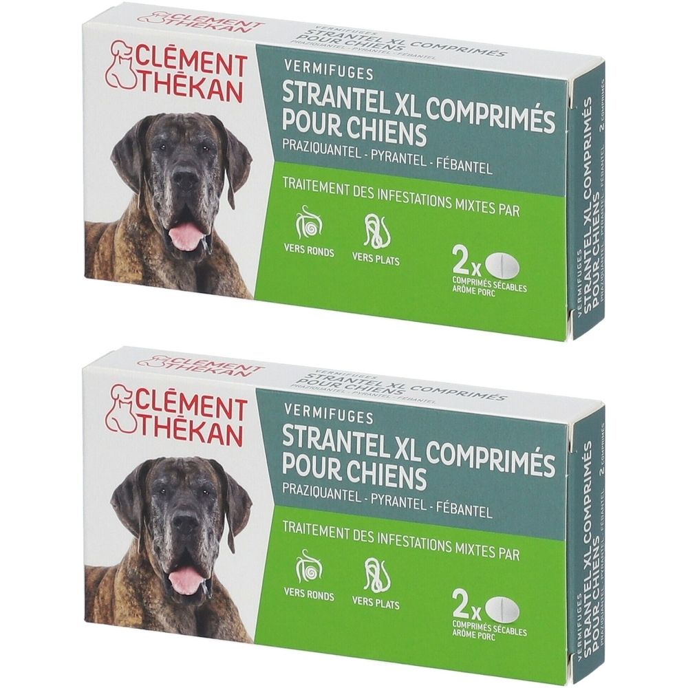 Deux boîtes de Clement Thékan, Strantel XL comprimés pour chiens. Inscription: 2 comprimés, contre les vers ronds et plats.