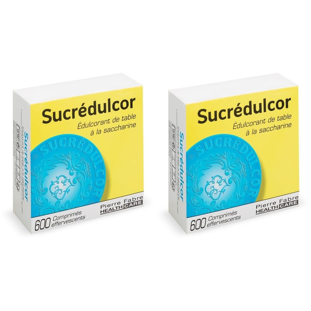 Deux boîtes de Sucrédulcor. Logo bleu sur fond jaune. 600 comprimés effervescents. Pierre Fabre Healthcare.