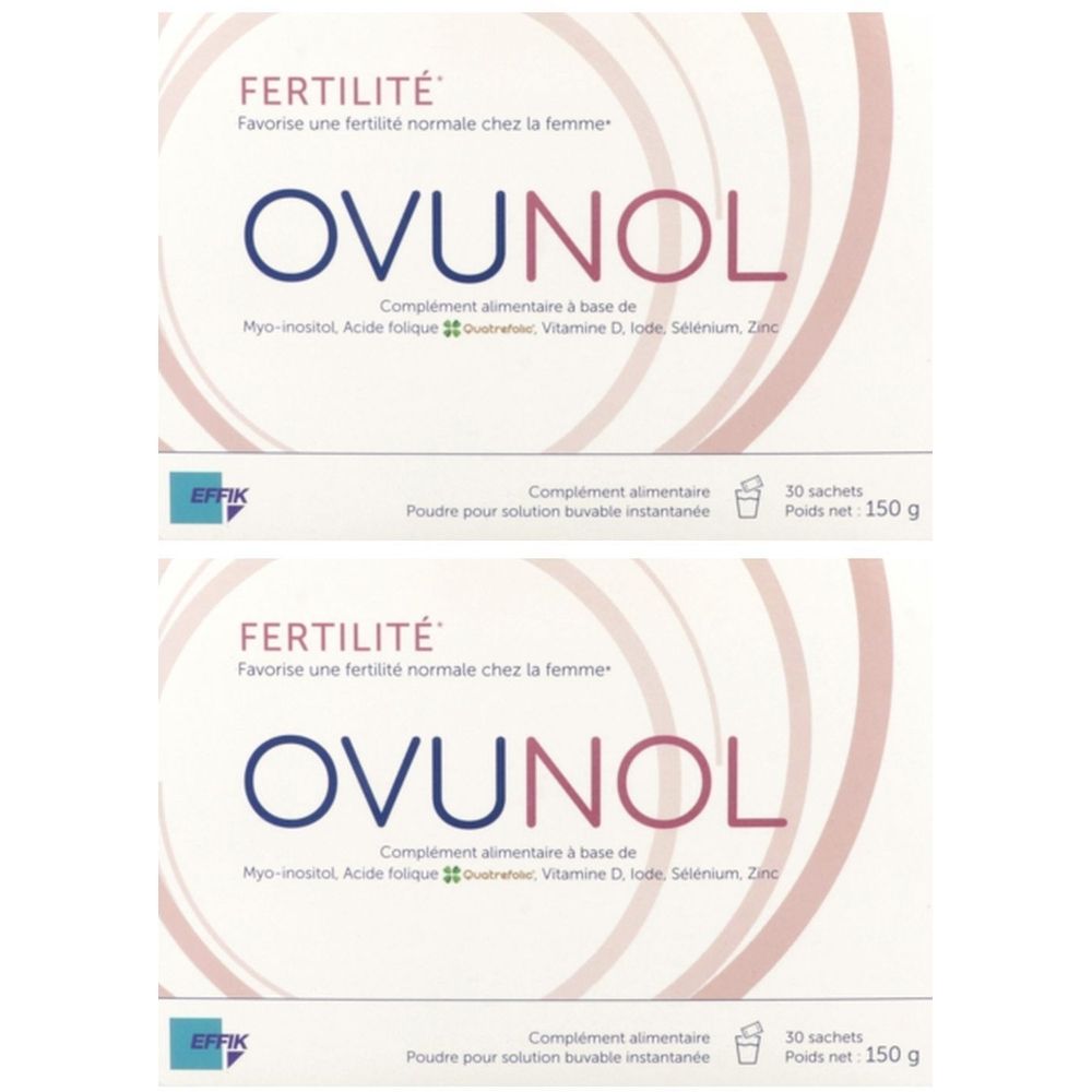 Deux boîtes d'Ovunol. Inscription : Fertilité, Ovunol, complément alimentaire. 30 sachets, 150 g.