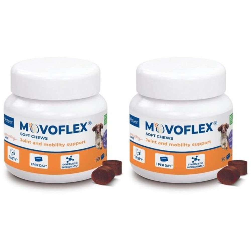 Deux flacons blancs avec couvercles. Inscription MOVOFLEX SOFT CHEWS, soutien articulaire et mobilité. Comprimés bruns à côté.