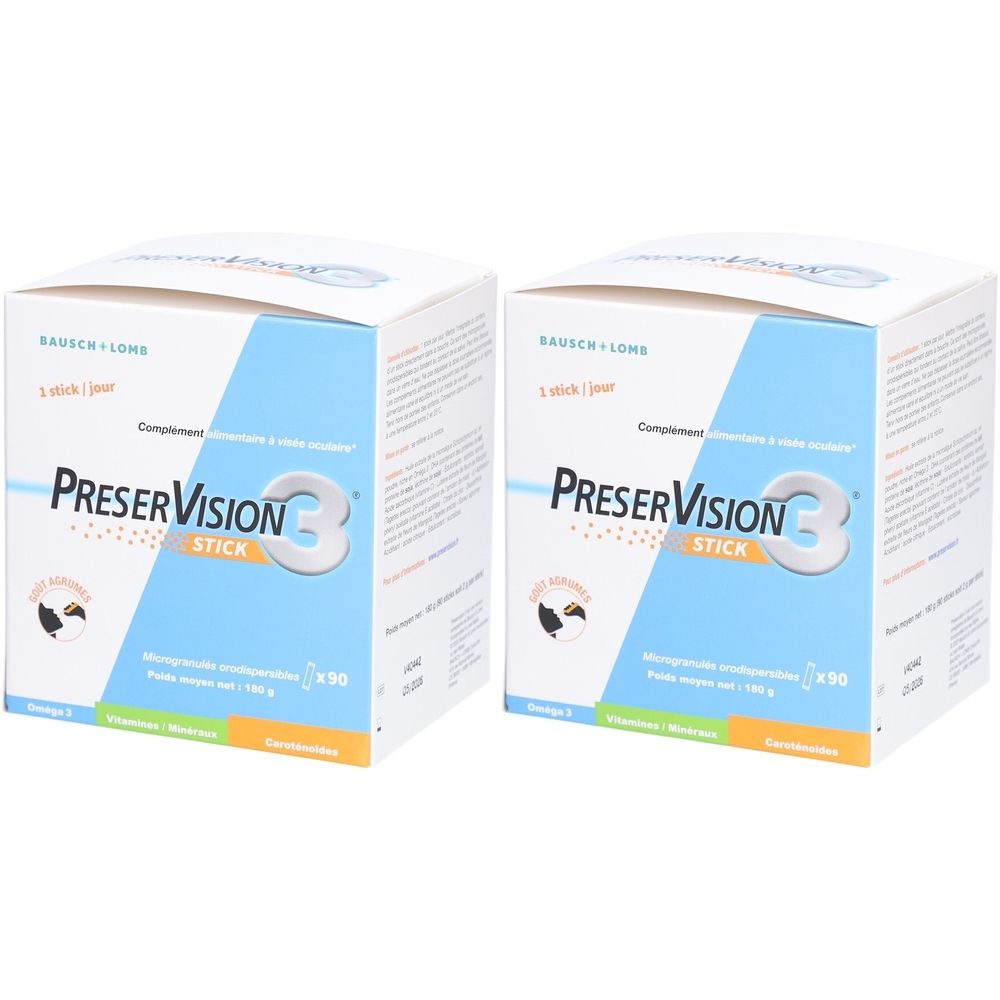 Deux boîtes carrées de PreserVision 3 Stick. Inscription : BAUSCH + LOMB, 1 stick/jour. Emballage bleu et blanc avec nom et logo du produit.