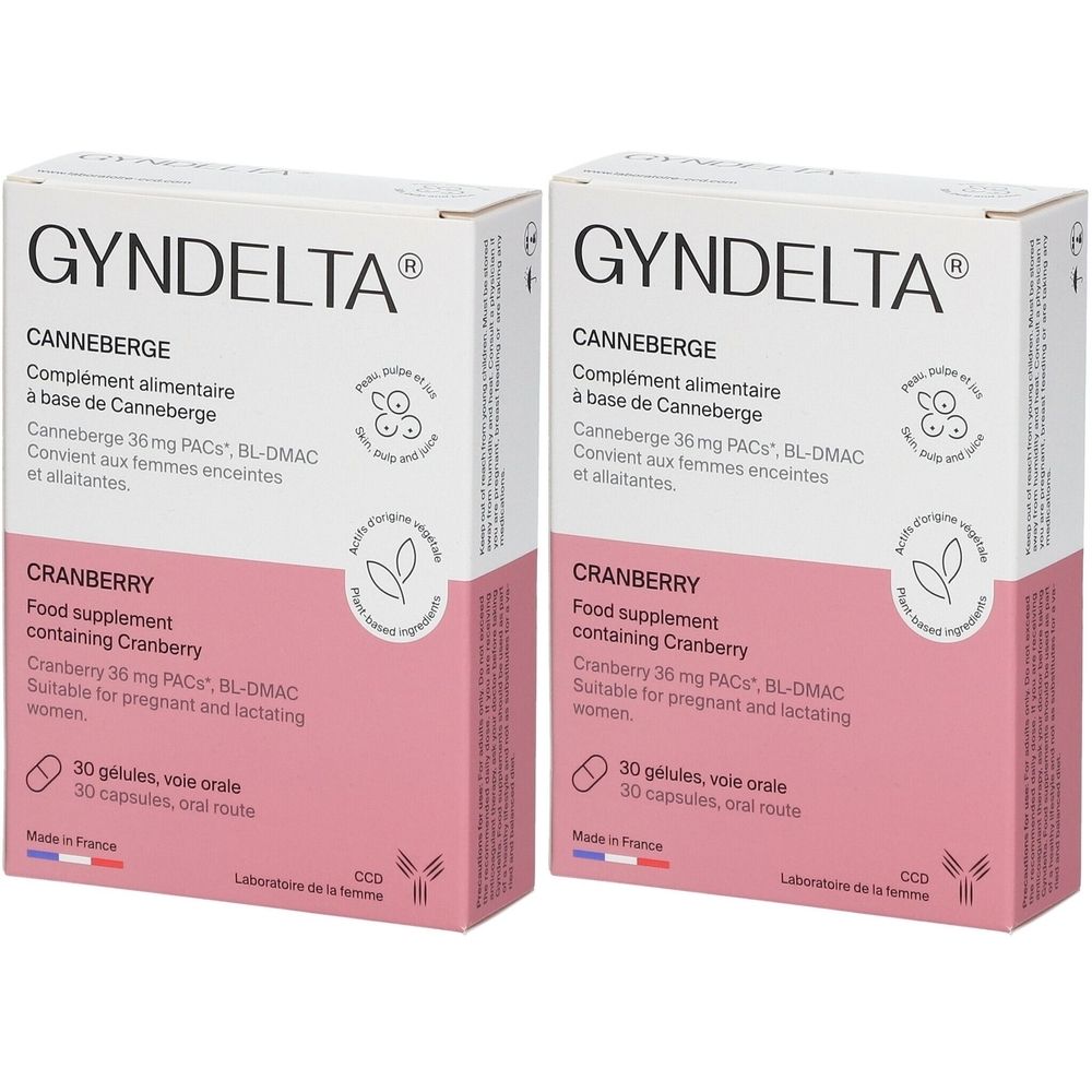 Deux boîtes de Gyndelta® avec complément alimentaire à la canneberge. Rose et blanc. Texte : Cranberry, 30 gélules.