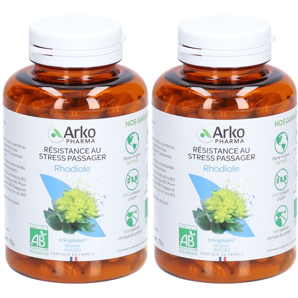Deux flacons bruns avec des bouchons blancs. Étiquettes : "Arko Pharma", "RÉSISTANCE AU STRESS PASSAGER Rhodiole".